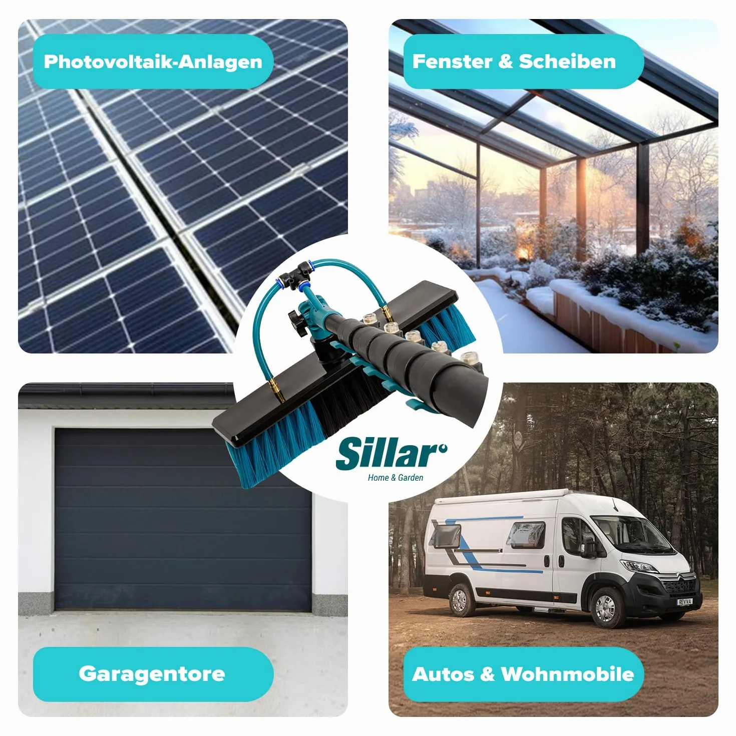 Sillar Scopa telescopica con Tubo Acqua, Estensibile 3,95 Metri, Contenitore detergente, Pulizia Pannelli fotovoltaici, Lavaggio di Camion, Auto, finestre, Poster di Negozi, imbarcazioni, Versatilità