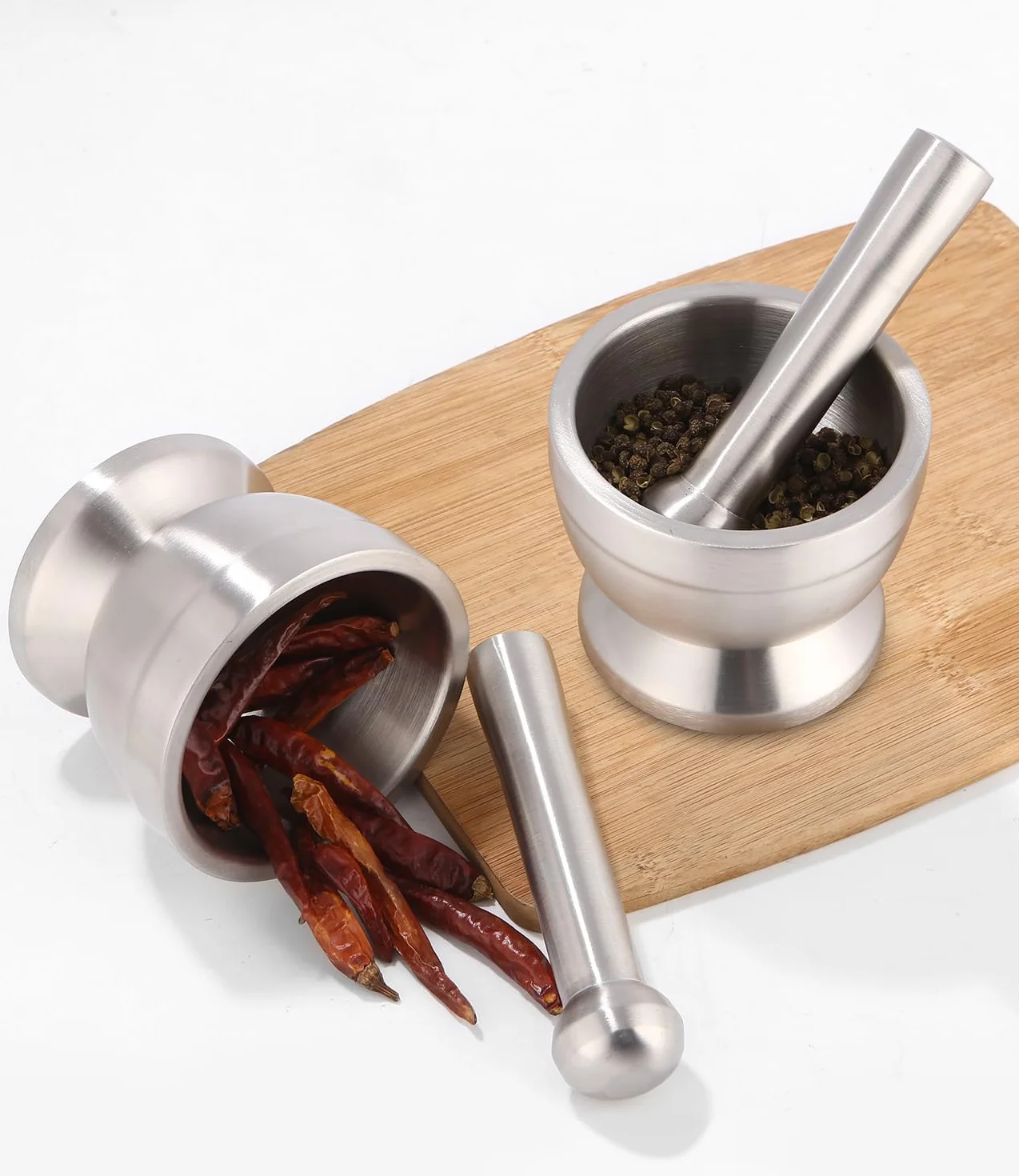Set di Mortaio e Pestello 304 con Pennello, Cucchiaio e Coperchio in Silicone, Macinaspezie