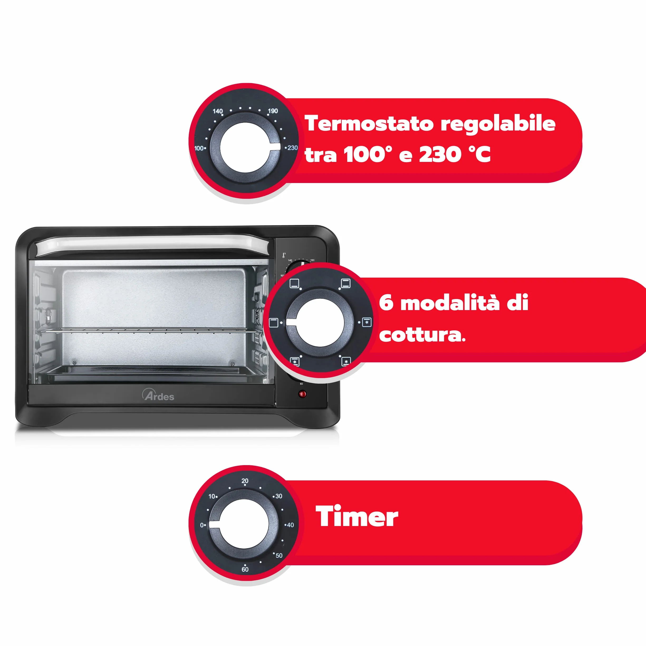 ARDES MAGNUS AR6222PB Fornetto Elettrico Ventilato da 20 Litri 6 Funzioni Cottura Timer Doppio Vetro