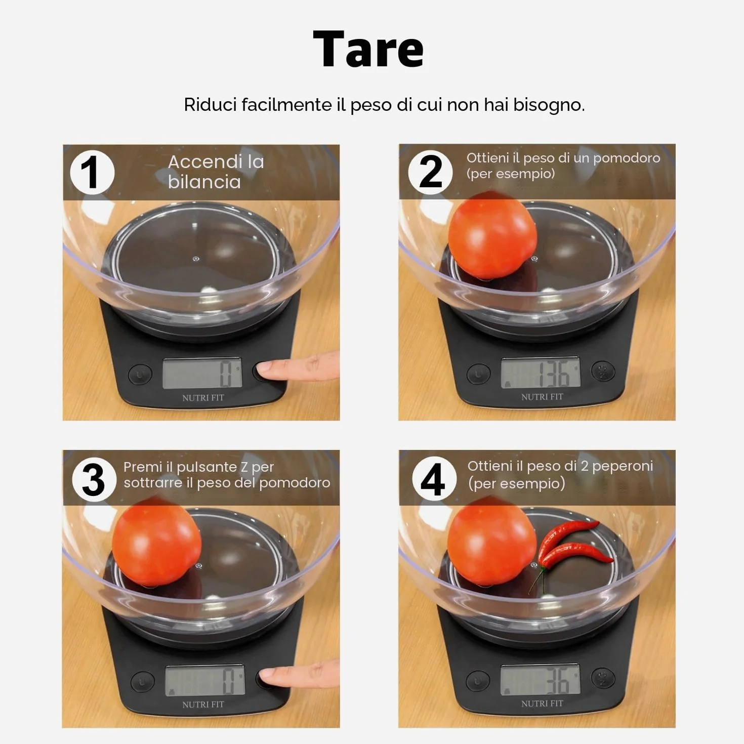 NUTRI FIT Bilancia digitale per alimenti con ciotola da 2L, bilancia da cucina digitale per cucinare once e grammi, 4 unità con precisione 0,1 oz/1 g, ampio display LCD-Nero