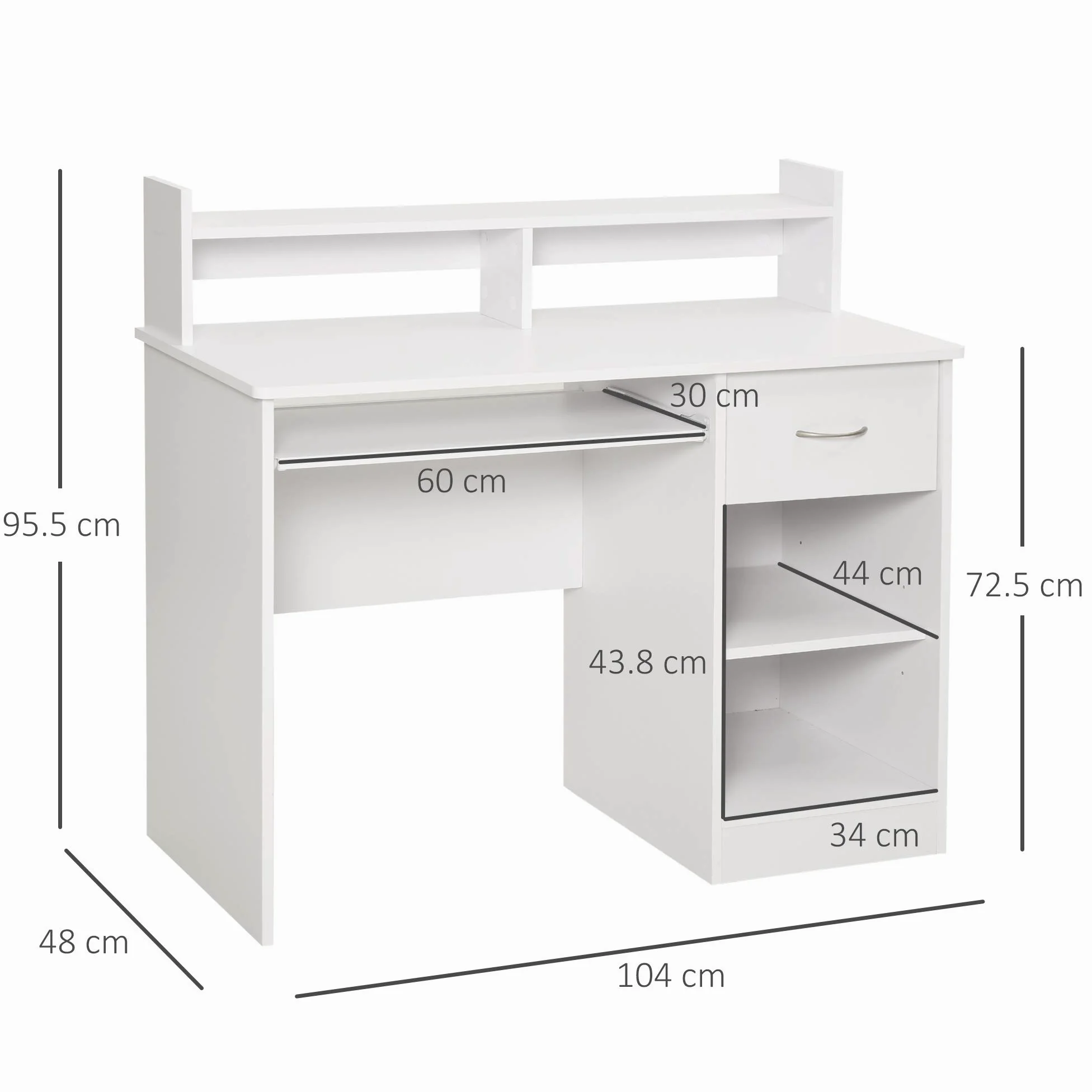 HOMCOM Scrivania per Computer Compatta, Scrivania PC Fisso in Legno Bianco con Ripiano Tastiera Estraibile e Mensole 104x48x95.5cm