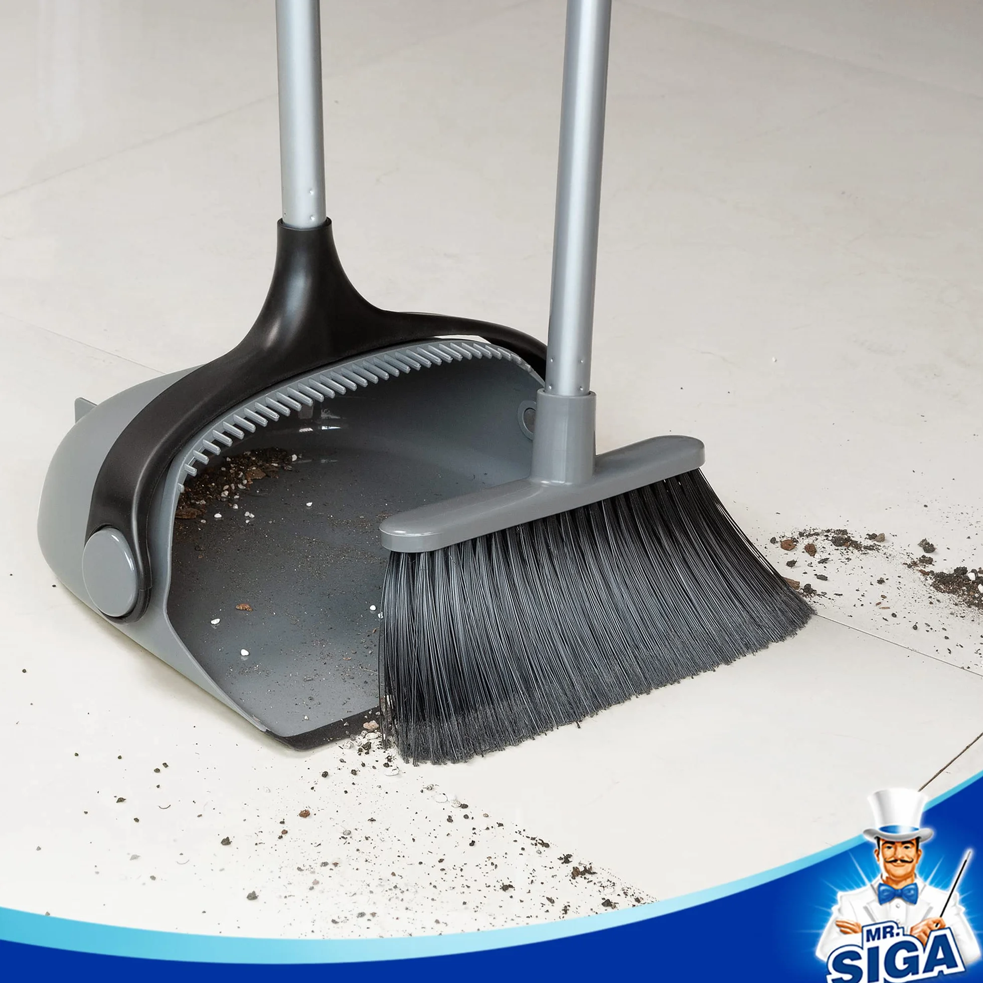 MR.SIGA Set scopa e paletta a manico lungo, spazzola verticale e paletta combinata per la pulizia dei pavimenti, grigio