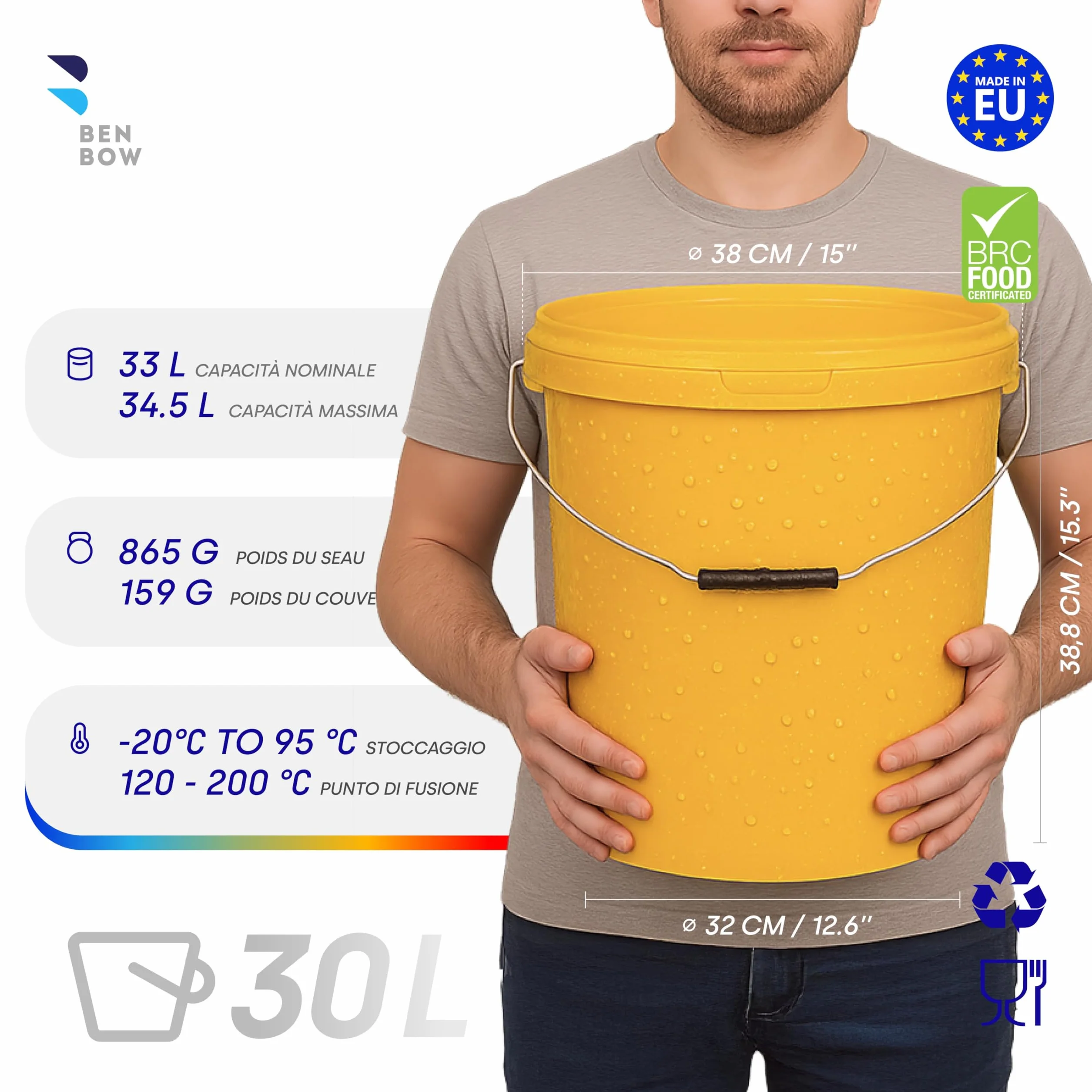 BenBow Secchio con coperchio, 30 l, giallo, 1 x 30 litri - Alimentare stabile ermetico a prova di perdite neutro inodore contenitore in plastica con manico in metallo vuoto - per uso domestico