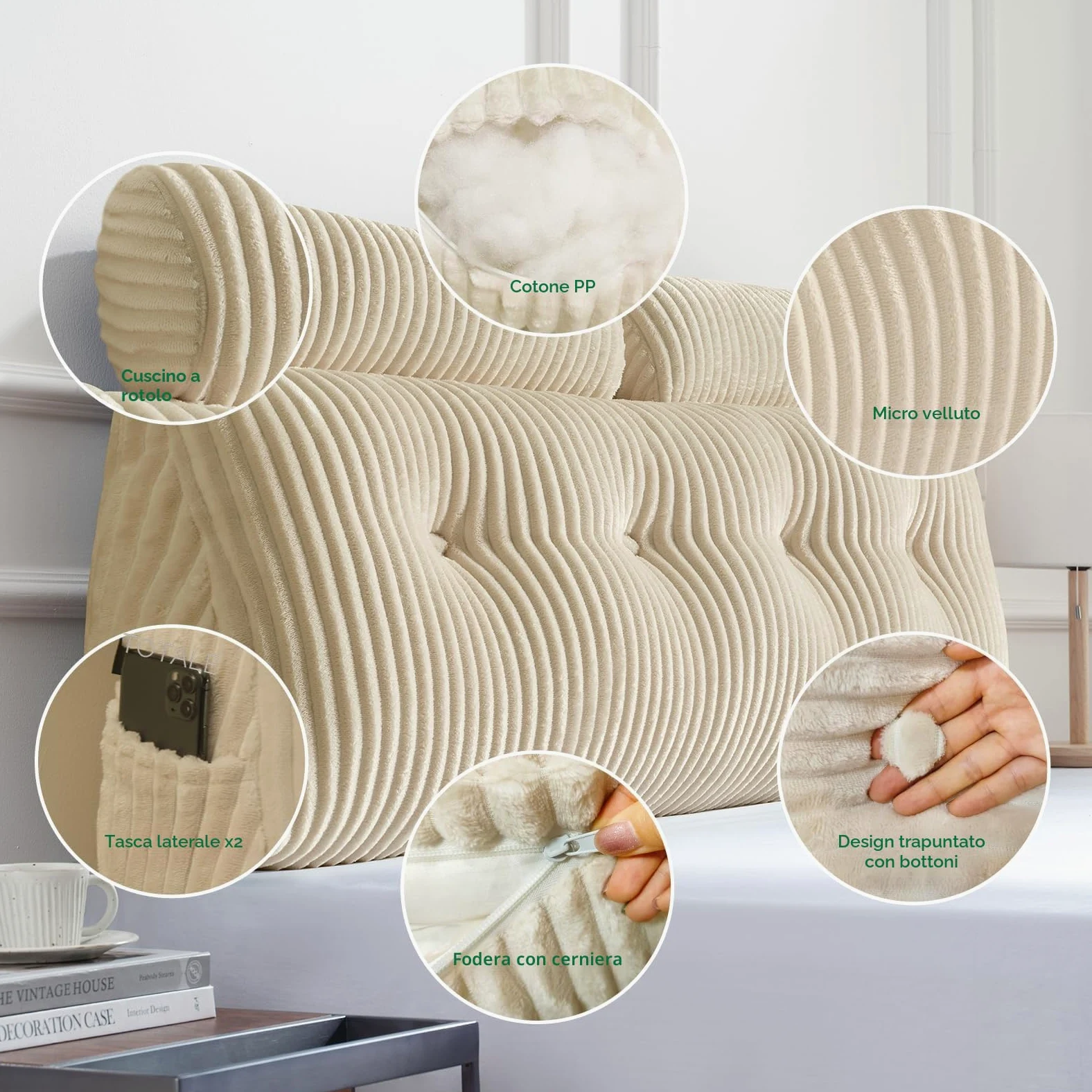 Z-hom Cuscino Schienale, Cuscino triangolare per testiera con fodera rimovibile, Cuscino da lettura per letto, cuscino schienale divano, cuscino da lettura, crema (150 x 50 x 20 cm)