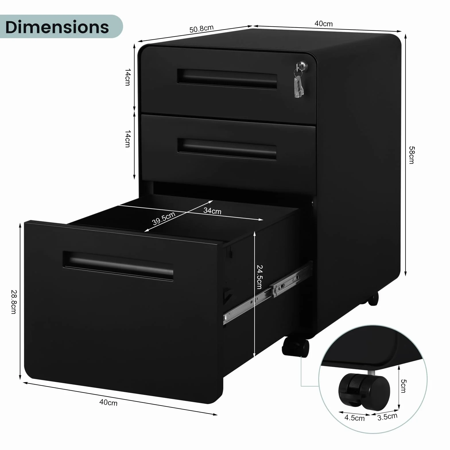 WOLTU Cassettiera a 3 Cassetti con Chiave, Schedario da Ufficio in Metallo, Organizer Porta Documenti con 4 Ruote, Organizzatore per Formato A4 Letter in Studio, Camera da Letto, Nero, ASK04sz