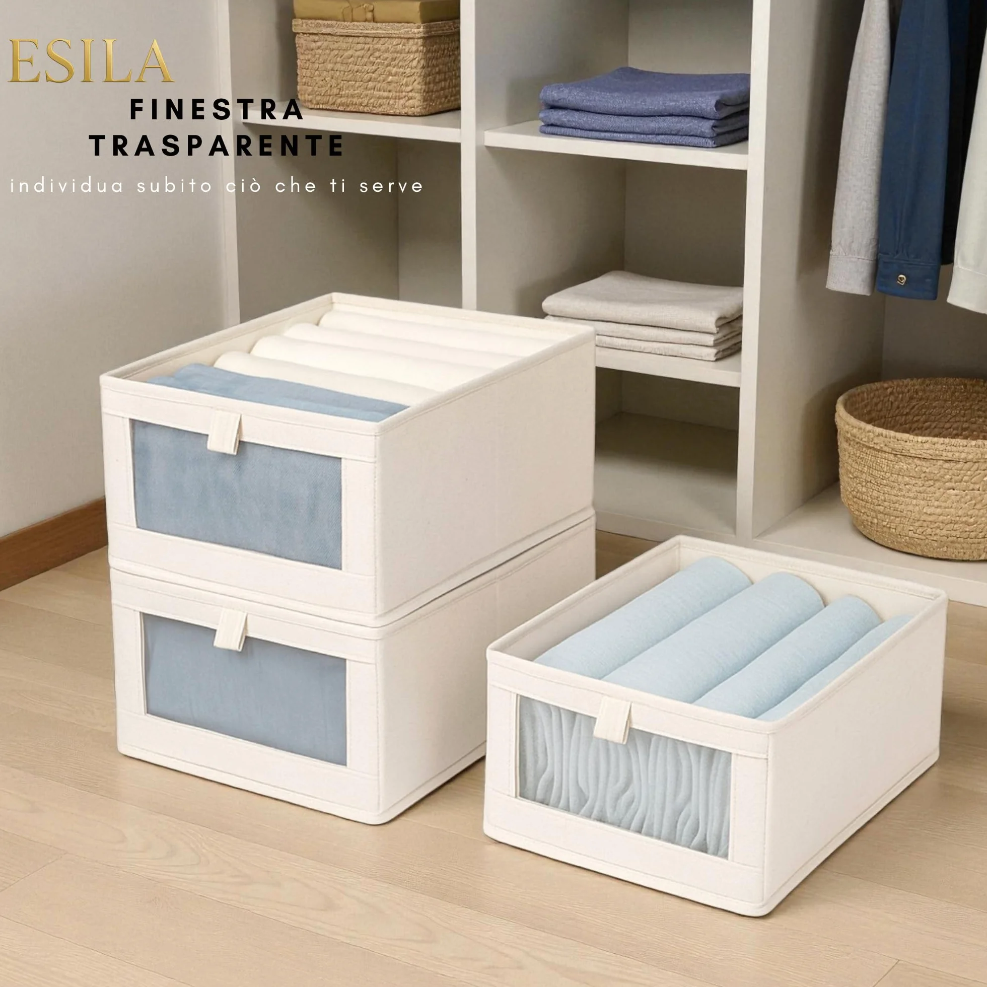 Esila Set da 3 Scatole Portaoggetti Pieghevoli in Tessuto con Finestra Trasparente per Armadio