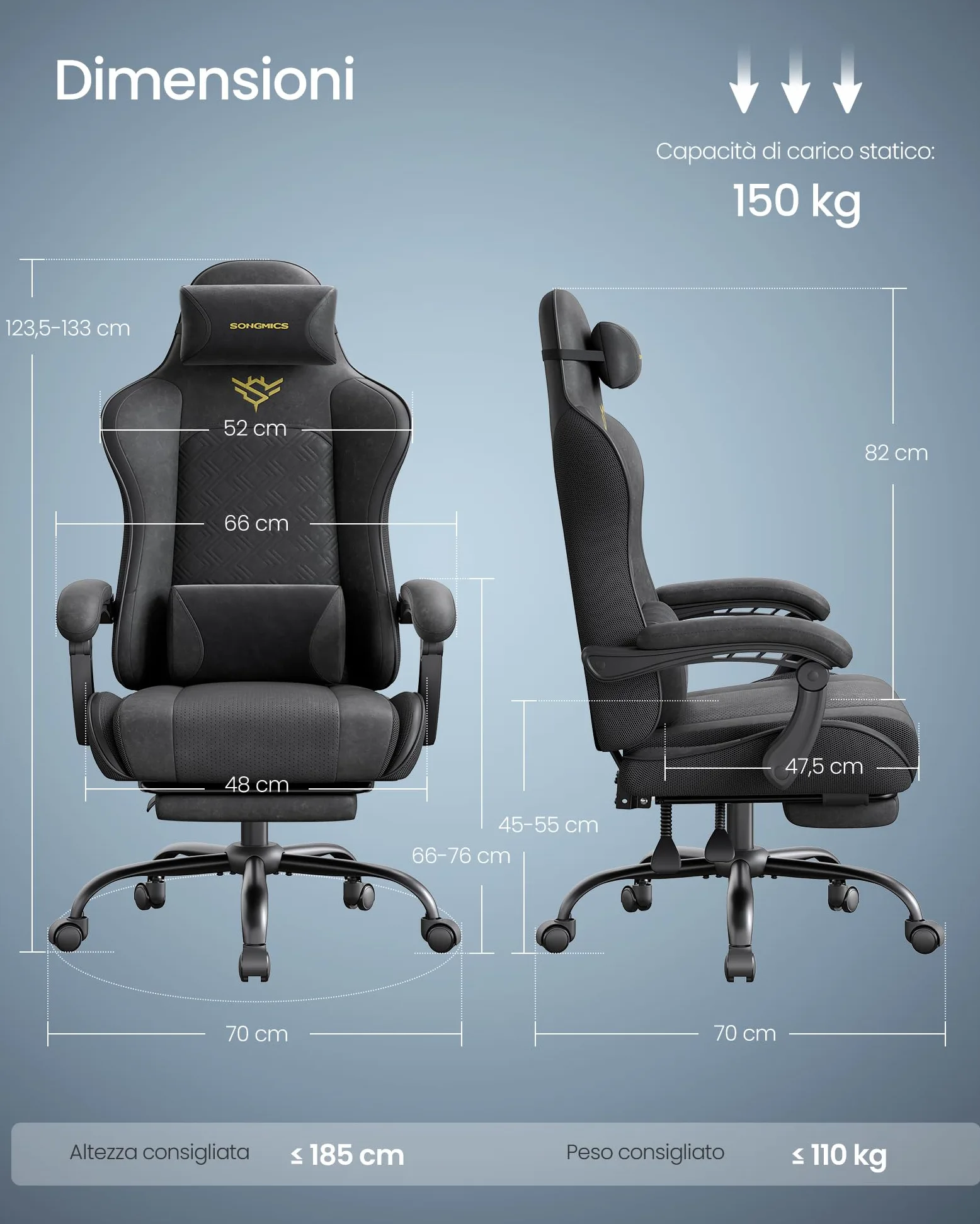 SONGMICS Sedia Gaming, Sedia da Ufficio Scrivania, Ergonomica, Seduta con Molle, Poggiapiedi, Braccioli con Meccanismo Sincronizzato, Nero Inchiostro OBG079B01