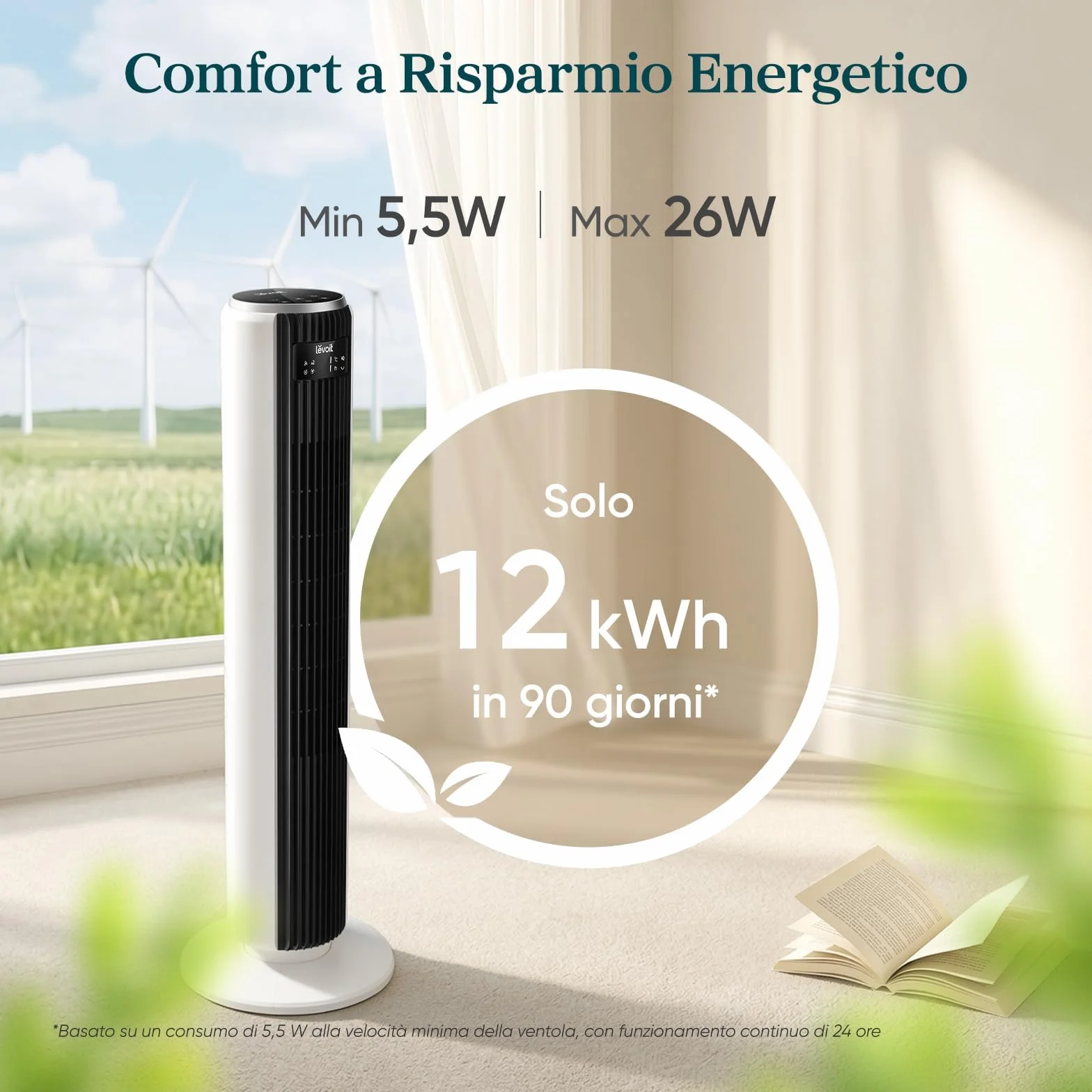 LEVOIT Ventilatore a Torre 20 dB Silenzioso, Potente 7,9m/s, 12 Velocità, 4 Modalità, Telecomando & LED, Timer da 1-12 ore, Oscillazione a 90°, Risparmio 26W, per Camera Letto, 92 cm, Bianco Puro