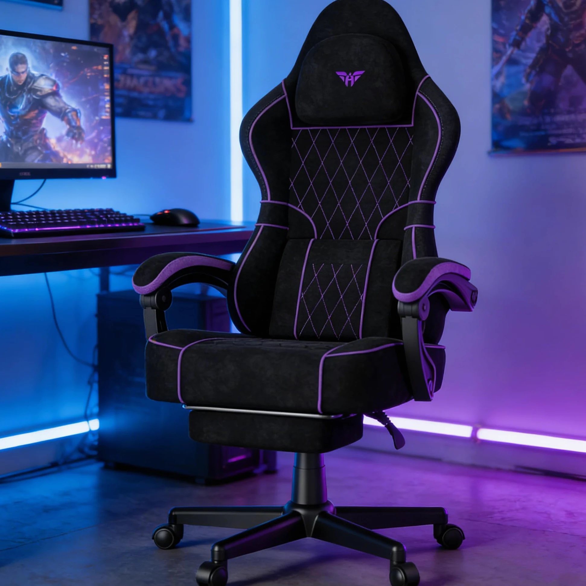 Soontrans Sedia da Gaming con Poggiapiedi, Sedia Gaming Ergonomica con Poggiatesta & Cuscino Lombare Massaggio, Pelle Scamosciata, Sedie Gaming per Youtube Livestreaming Playstation (Nero&Viola)