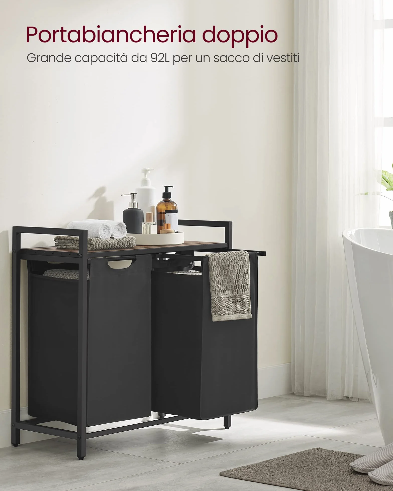 VASAGLE Cesto Portabiancheria 2 Sacchi Rimovibili Metallo 2x46L 73x33x72 cm Nero Inchiostro Marrone Vintage