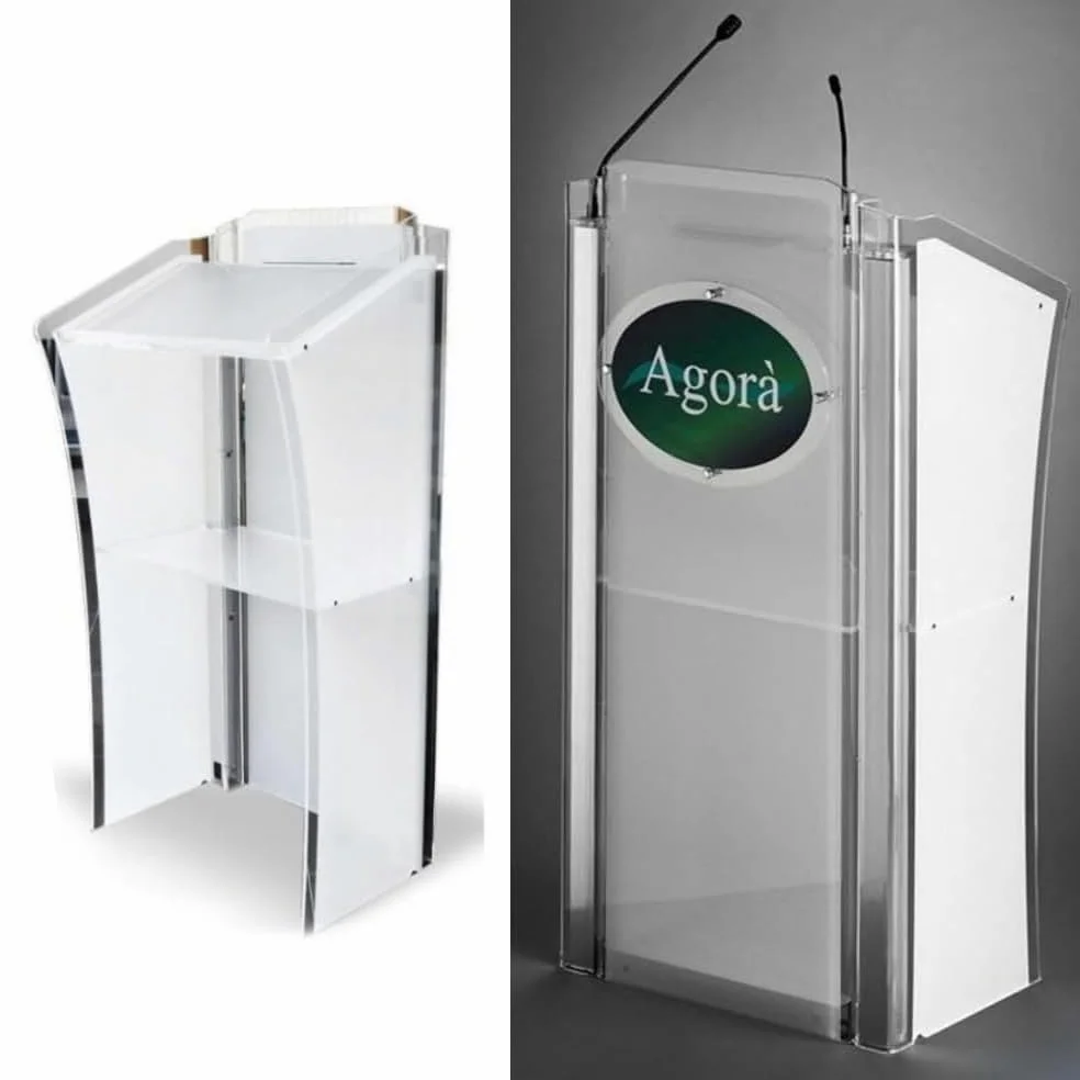 Podio Relatore in Plexiglass Trasparente con Microfoni – Leggio Professionale per Conferenze, Eventi e Chiesa, Pulpito Moderno con Targa Personalizzabile Rotonda, Quadrata o Ovale