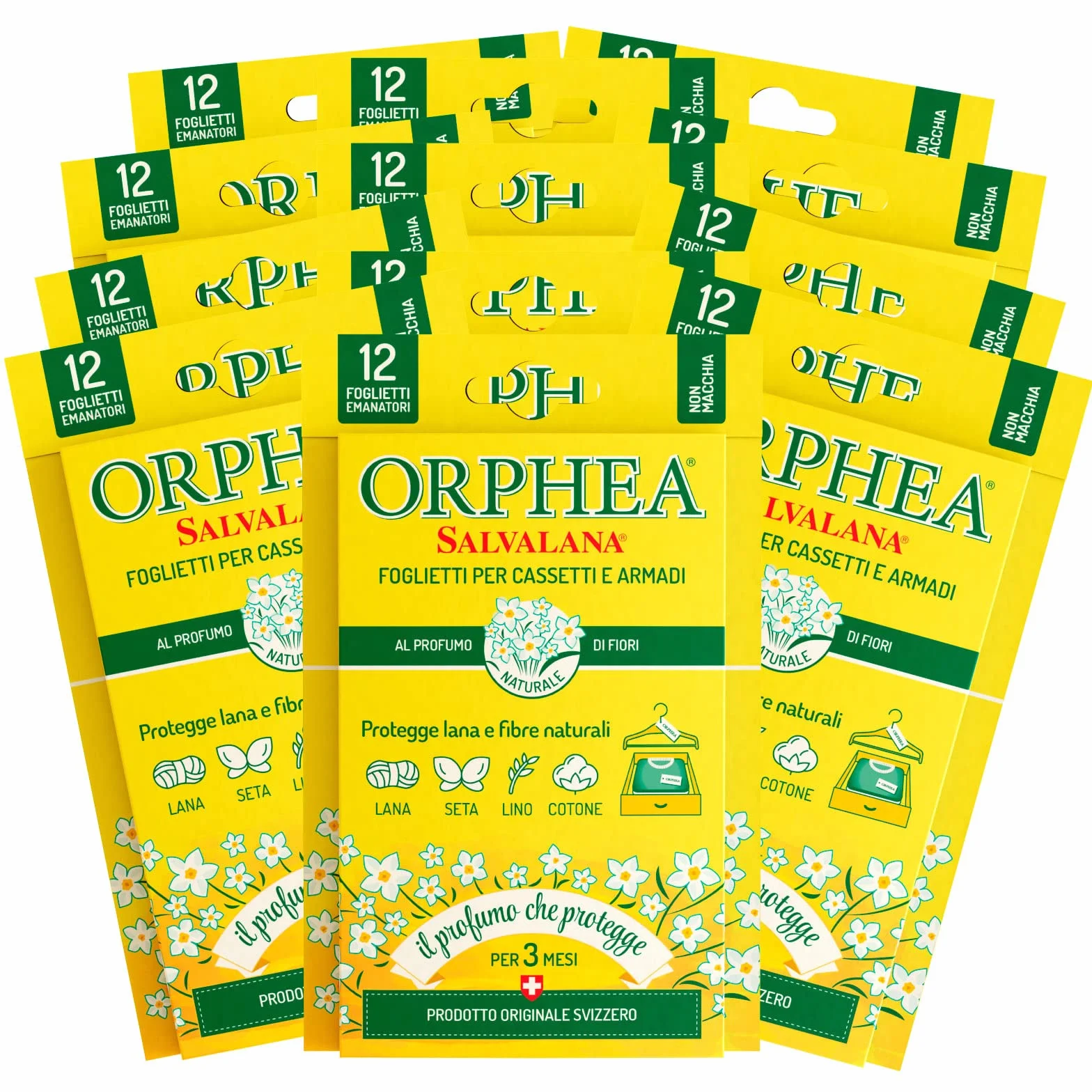 Orphea Salvalana Foglietti per Cassetti e Armadi Protegge Lana e Fibre Naturali Profumo di Fiori 144 Foglietti