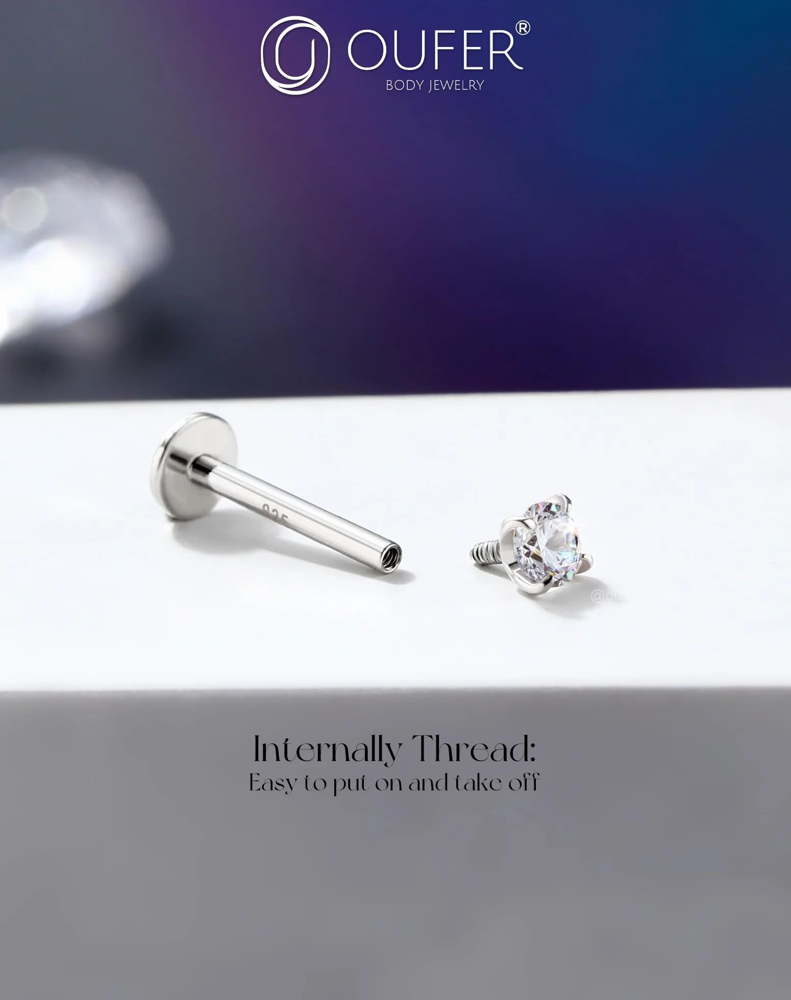 OUFER 16G Piercing Helix Filettato Interno Argento 925 Conch Lobe Lip Stud Trasparente 2/2.5/3 mm CZ Gioielli Per Il Corpo
