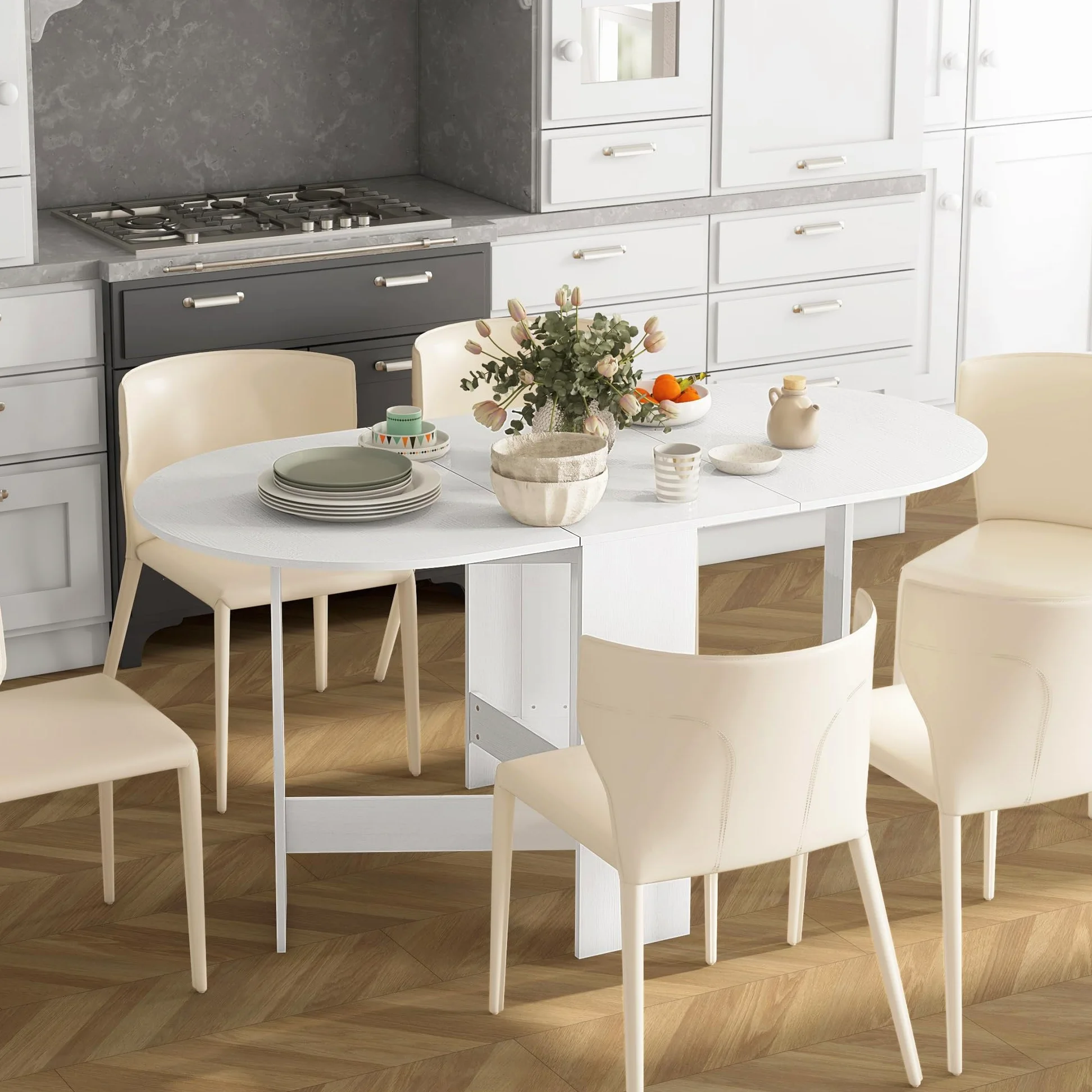 HOMCOM Tavolo da Pranzo Pieghevole, 163x80 cm Scrivania Richiudibile Salvaspazio con 2 Ribalte Ovale per 6 Persone, Tavolo Cucina a Ribalta, Ideale per Soggiorno, Casa, Ufficio, Bianco