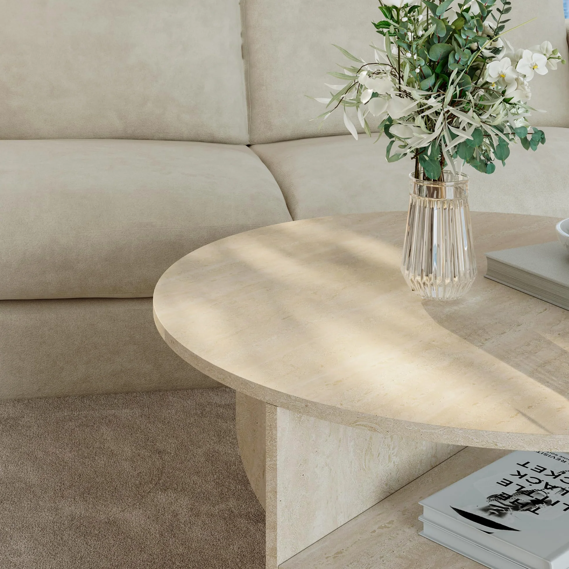 [en.casa] Tavolino Centrale da Salotto Tavolo Basso Rotondo con Ripiano Tavolino da caffè per Soggiorno Area Living Ø80 x 41 cm Color Avorio Travertin