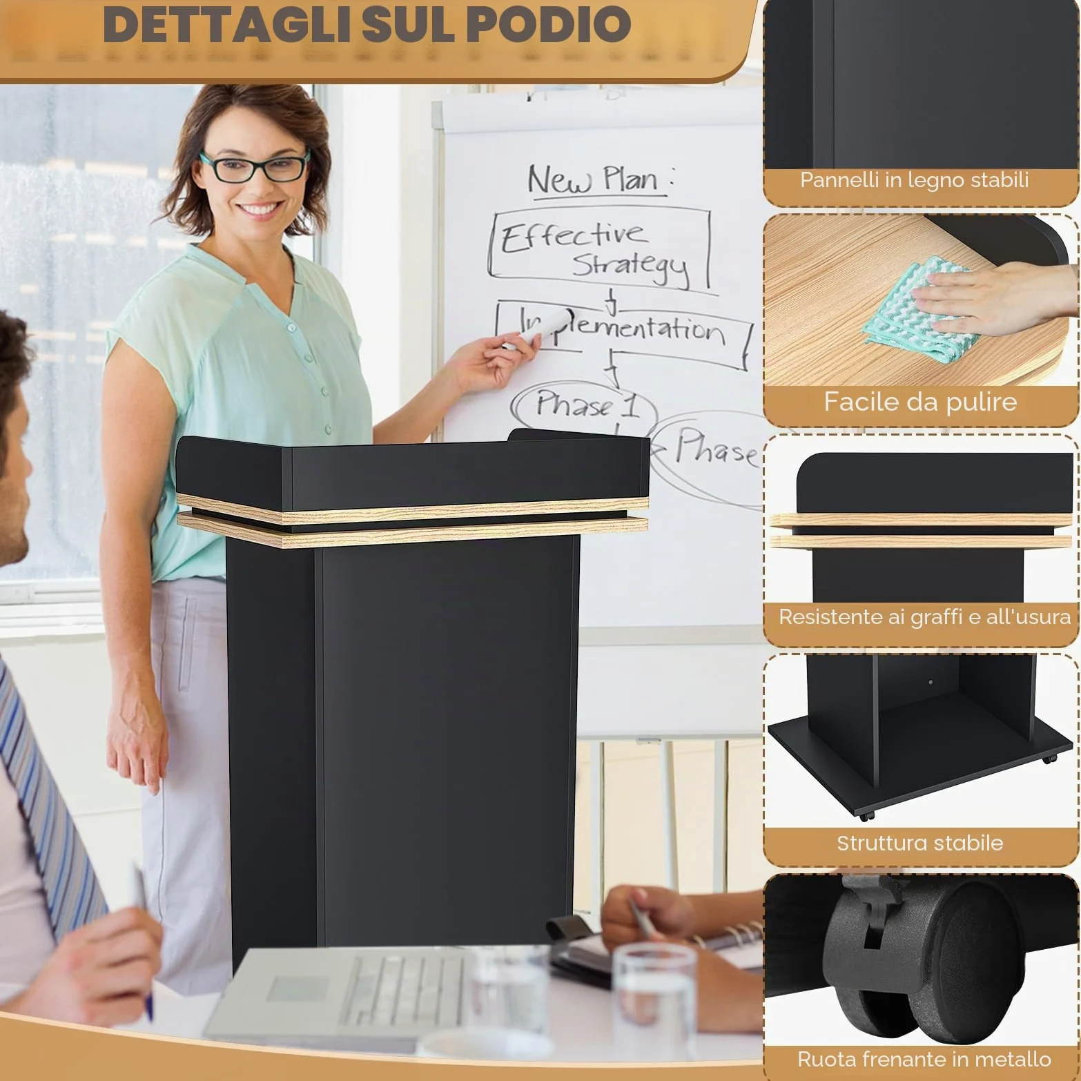 Podio in legno con cassetto estraibile e ruote, pulpito alto in legno massello di alta qualità, con ripiano a doppio strato, per chiesa, conferenze, scuola, seminario (110 x 46 x 60 cm)
