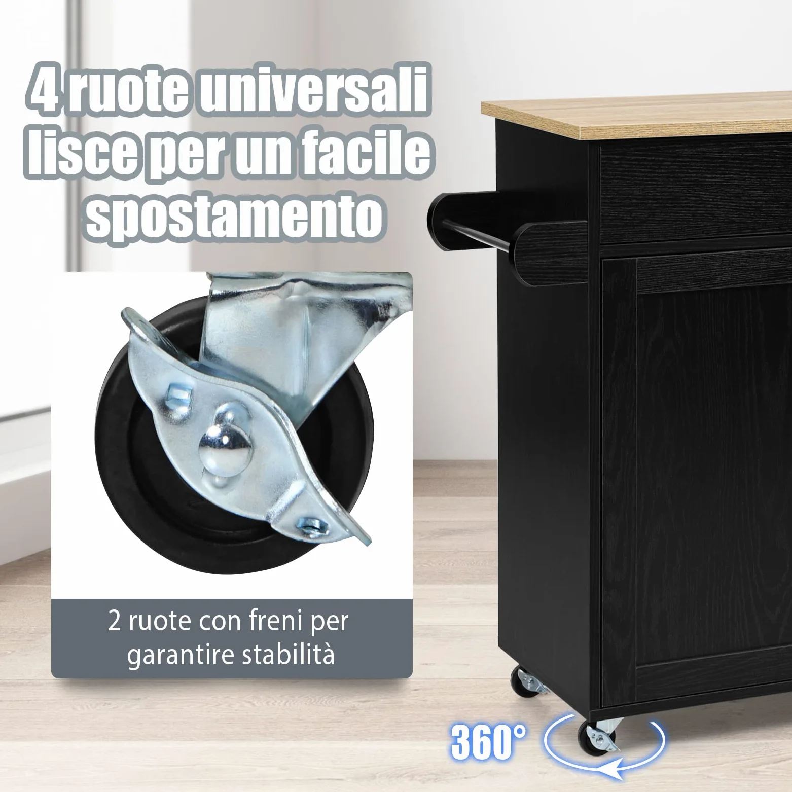 COSTWAY Carrello da Cucina con Ruote di Gomma, Scaffale per Microonde Carrello Servizio, Mobile Cucina con Ripiani e Ante, Credenza Cucina Legno Moderno Elegante, 116 x 37 x 85 cm (Nero)