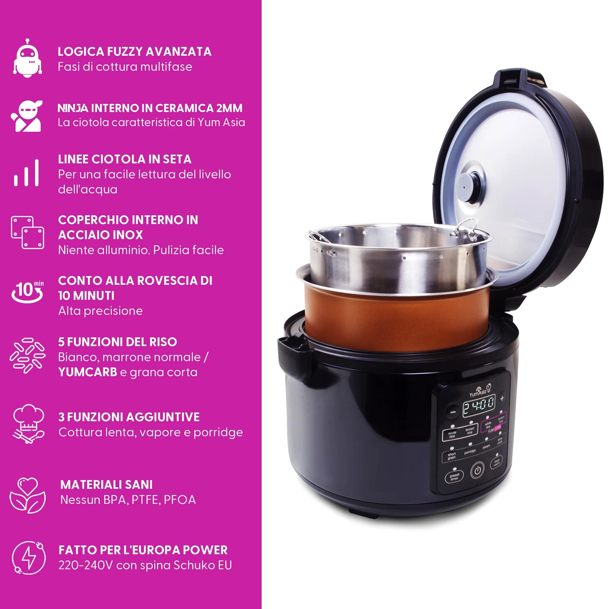 Yum Asia Kumo YumCarb Cuociriso con ciotola in ceramica e logica fuzzy avanzata, (5,5 tazze, 1 litro), 5 funzioni di cottura del riso, 3 funzioni di cottura multipla,) 220-240V