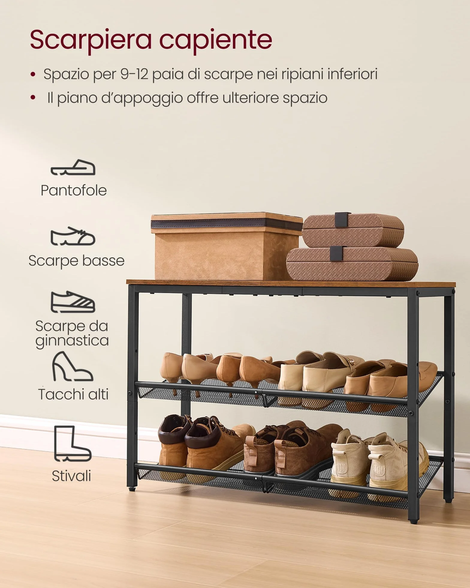VASAGLE Scarpiera 3 Livelli con Ripiani Regolabili Slim Marrone Vintage Nero