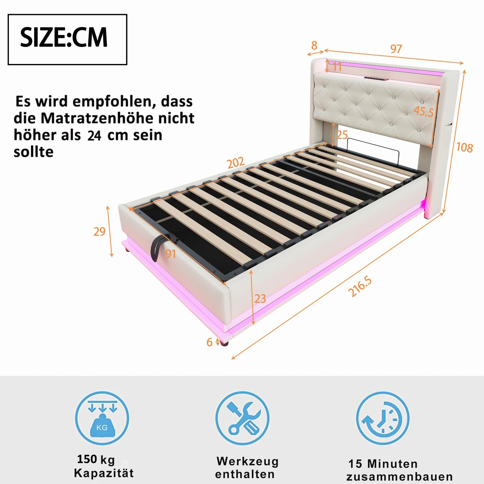 Ymkua Letto Imbottito Letto Singolo 90x200 cm, Bed contenitore con LED e USB Porta, Idraulici Bed frame per Bambini con Struttura Rete a Doghe e Testata Ribaltabile, Linen, Senza Materasso (Beige)