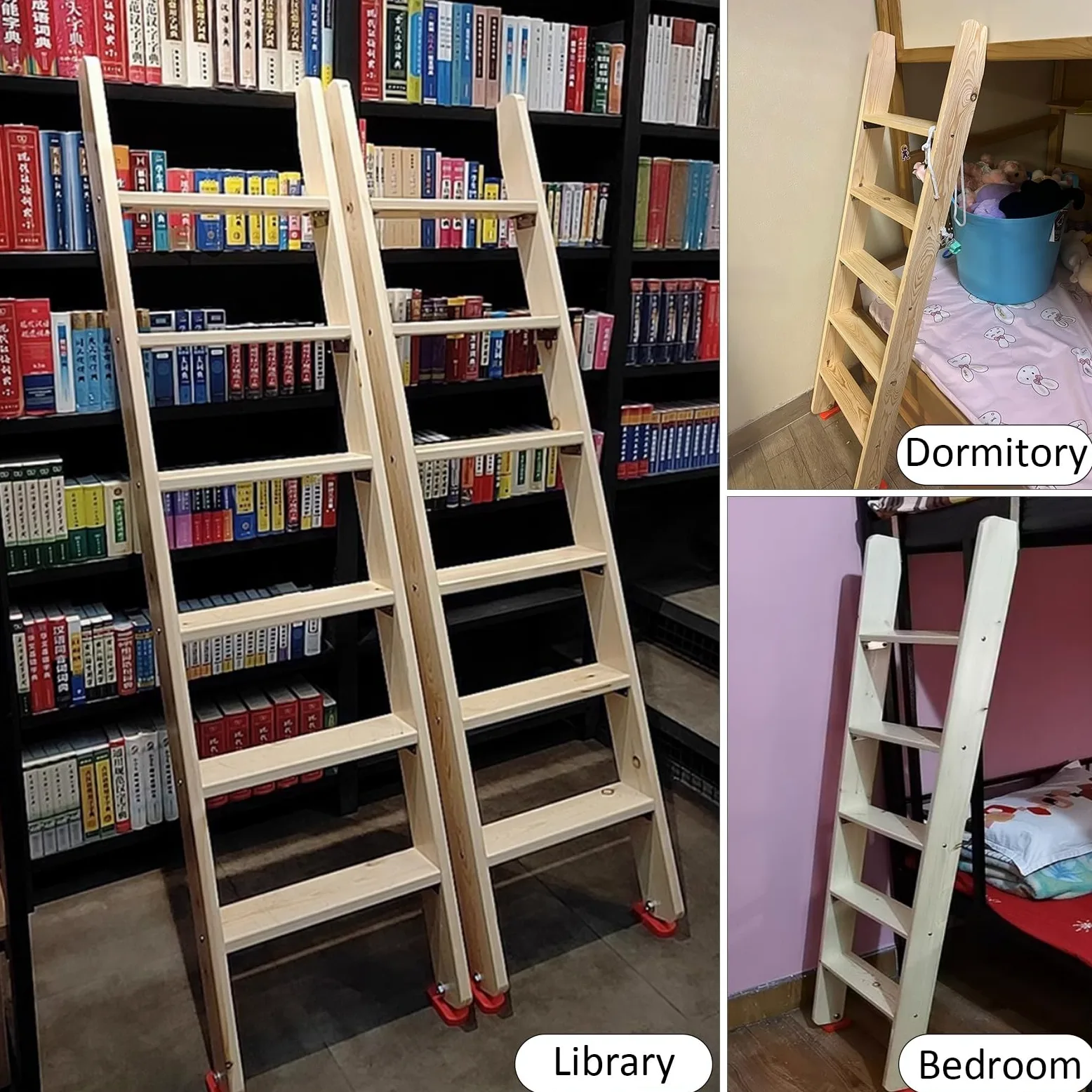 Scala per Letto a Castello con gradini Larghi 3,9" e Ganci, staffe e Piedini in Gomma, Scala di Ricambio Leggera, Scala in Legno per Letto a soppalco Matrimoniale per dormitorio, Camper, Cam