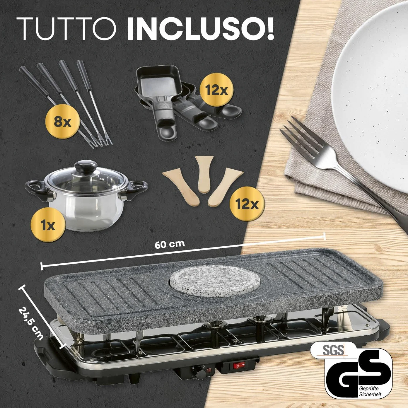 GOURMETmaxx raclette & fondue combi XXL per 12 persone | Griglia per raclette 4 in 1 con padelle, set per fonduta e pietra calda | Griglia elettrica da tavolo con piastra antiaderente [1600 watt].