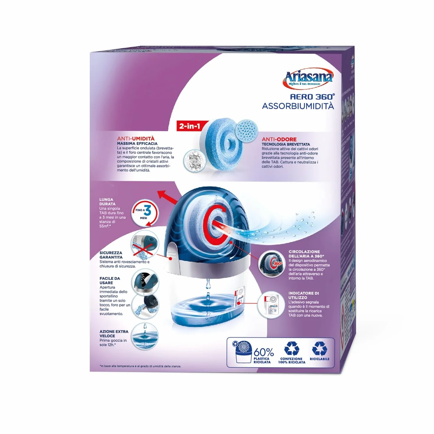 Ariasana Aero 360° kit assorbiumidità, deumidificatore ricaricabile non elettrico, assorbi umidità contro condensa e muffa, 1 dispositivo e 1 ricarica Tab lavanda da 450g