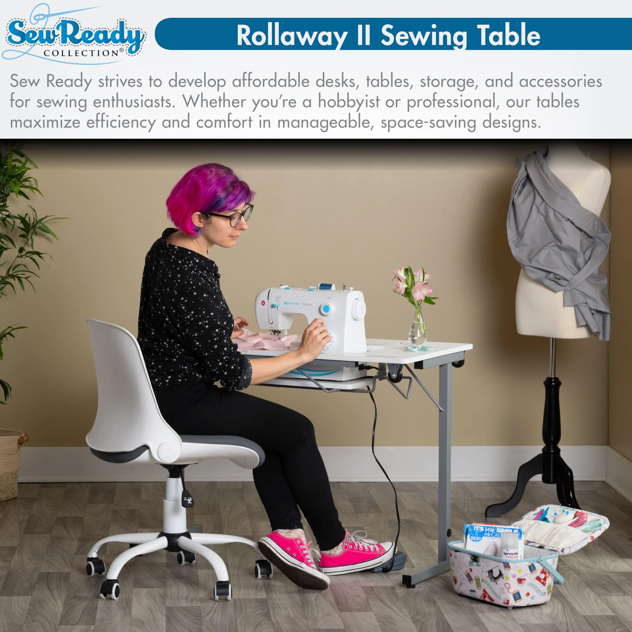 Sew Ready Rollaway II - Tavolo da cucito pieghevole, portatile, compatto, colore: Argento e bianco