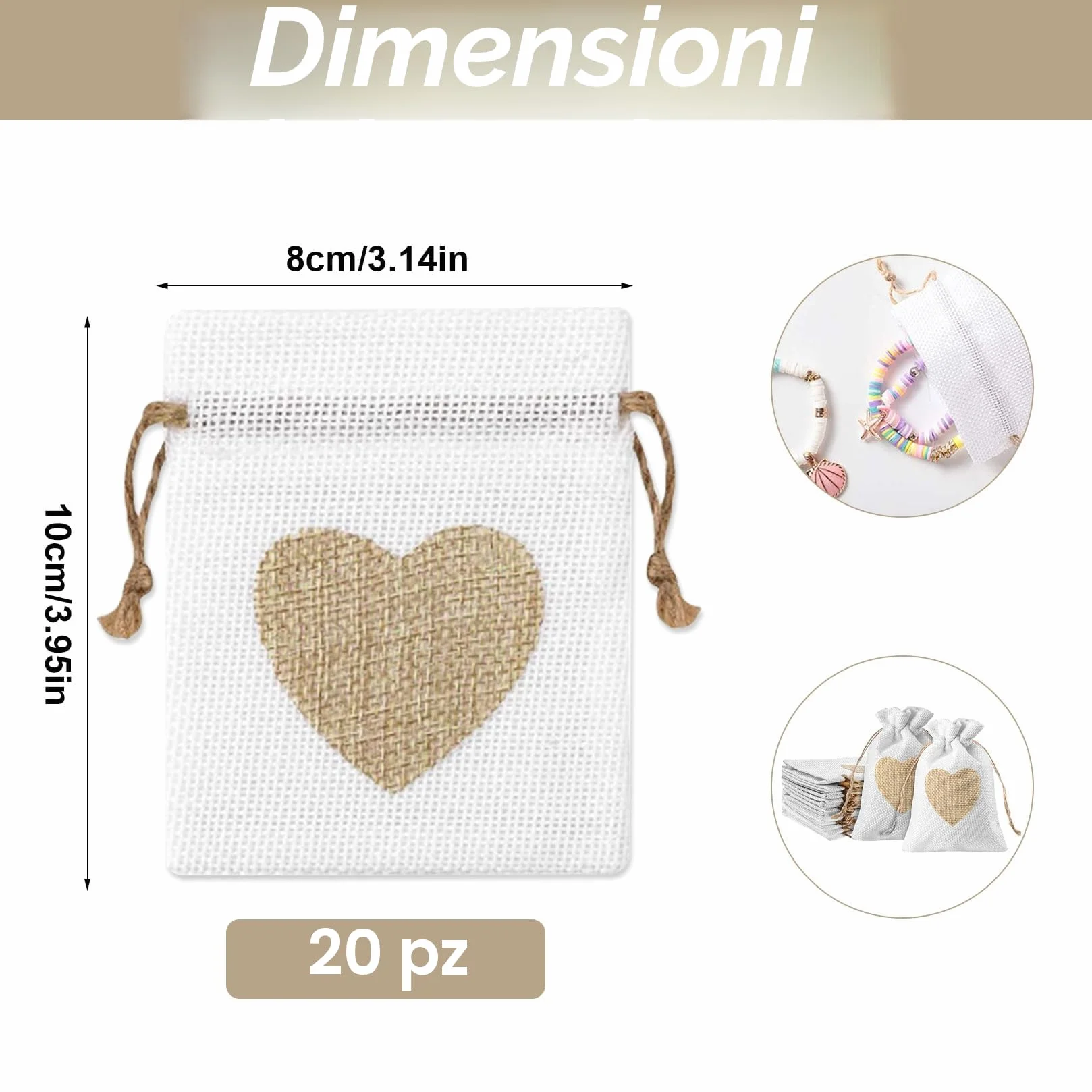 Sacchetti Regalo di Iuta 20 Pz, Sacchetto Gioielli Juta per Matrimonio DIY Fiesta, 8x10cm