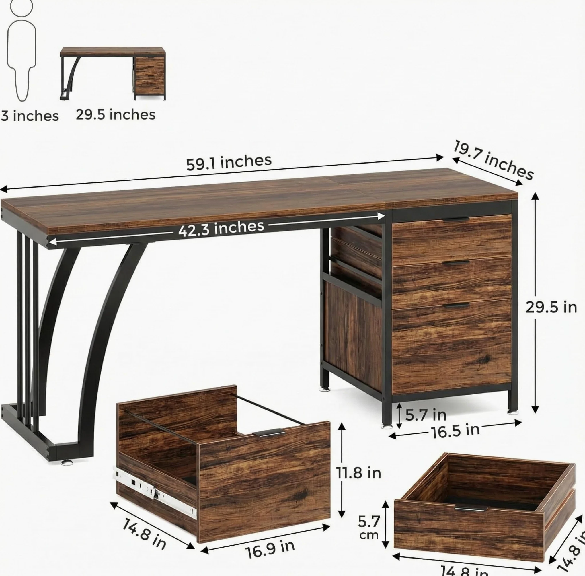 Lailang 150cm Scrivania Computer con 3 Cassetti, Scrittoio Vintage, Scrivania da Studio, Mobili Ufficio Moderni, Scrivania Gaming Marrone, Scrivania Lunga, 150 x 50 x 75 cm, Marrone Rustico
