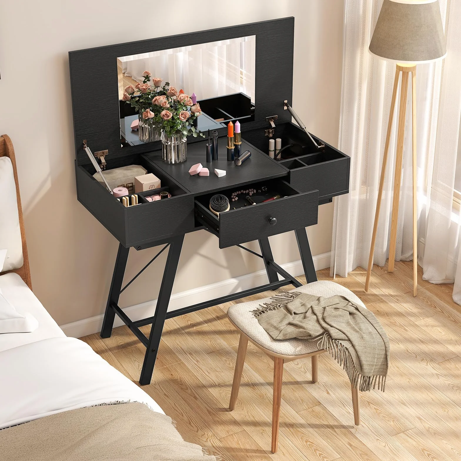 GIANTEX Tavolo da trucco con specchio pieghevole, con stazione di ricarica, cassetto, 6 scomparti per riporre oggetti, vassoio nascosto, scrivania da toeletta 2 in 1, per camera da letto, studio (nero