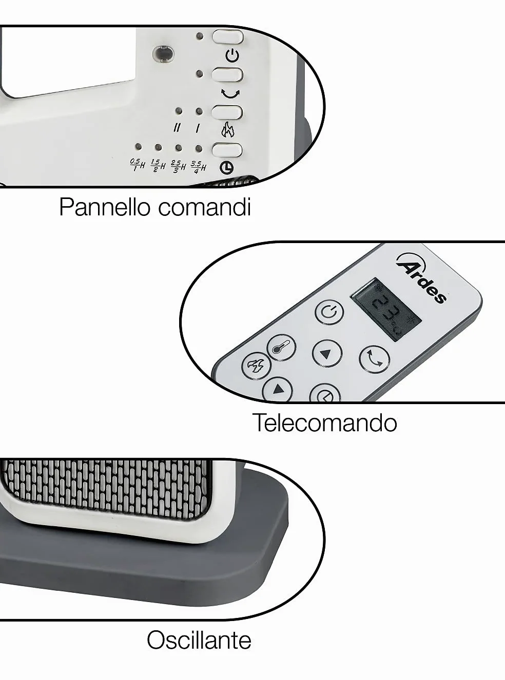 Ardes AR4P12R Handle Termoventilatore Ceramico PTC Oscillante a Torre, 2 Potenze e Telecomando con Display Temperatura, 2000 W, Grigio con Dettagli