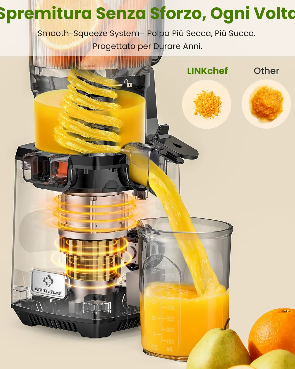 LINKChef Estrattore Frutta e Verdura, Estrattore di Succo a Freddo 250 W con Imboccatura Larga 13 cm, Juicer Machine Senza BPA, 1,8 L, Facile da Pulire, Ricette Incluse