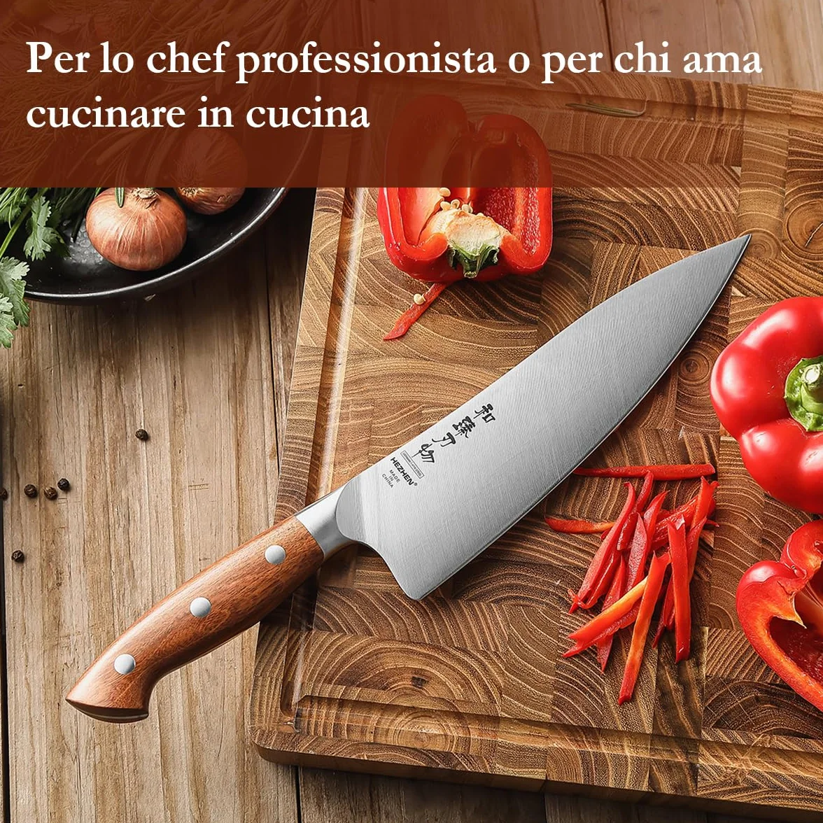Coltelli da Chef HEZHEN 21cm Acciaio German DIN1.4116 Full Tang Manico Redwood