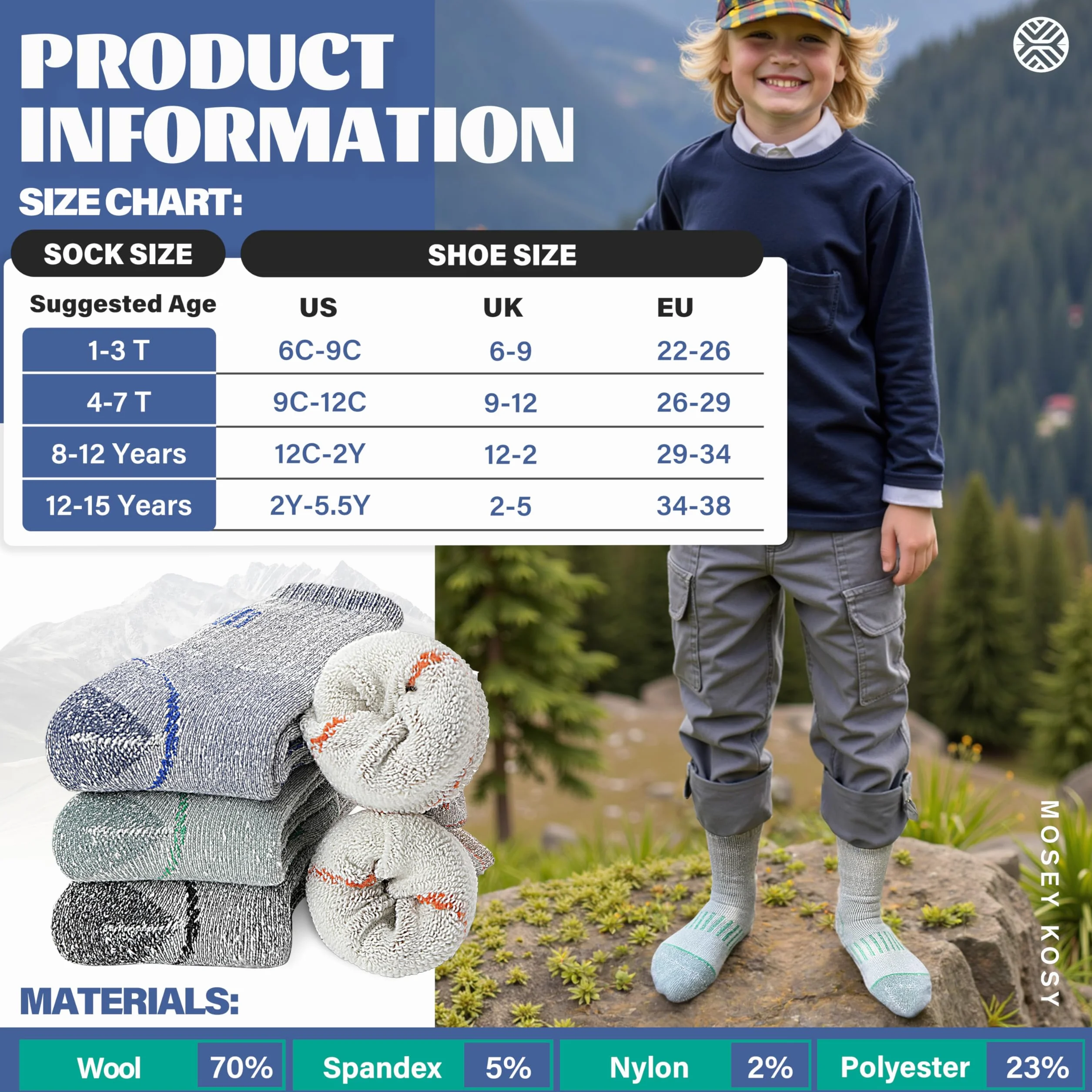 MOSEY KOSY 4 Paia Bambini Lana Merino Calze Escursionismo Ragazzi Ragazze Toddlers Termiche Invernali Calde Stivali Spessi Imbottiti Snowboard Calzini