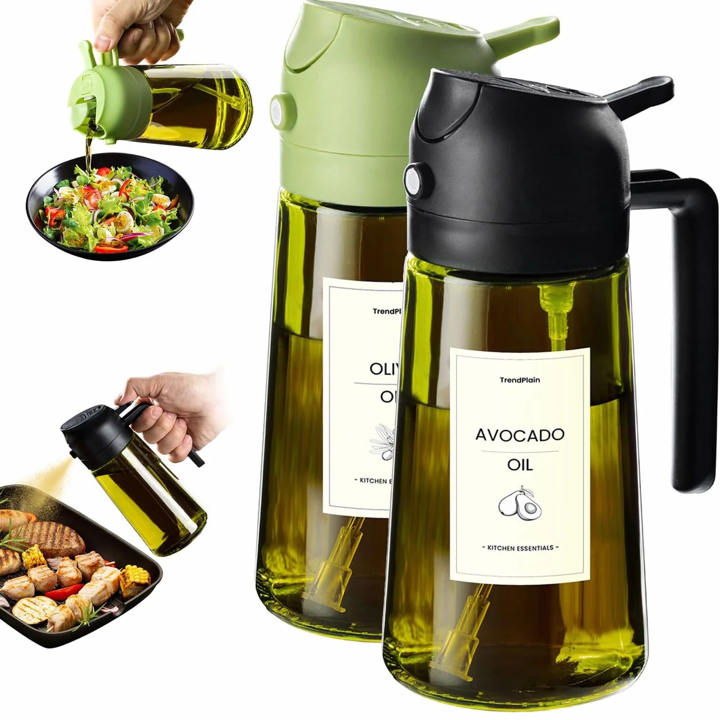 TrendPlain Spruzzino Olio per Friggitrice Aria 470ml, Dosatore Olio 2 in 1, Oliera Spray per Cucina, Insalata e Aceto, Accessori Cucina con Etichette e Protezione dalla Luce - Nero e Verde