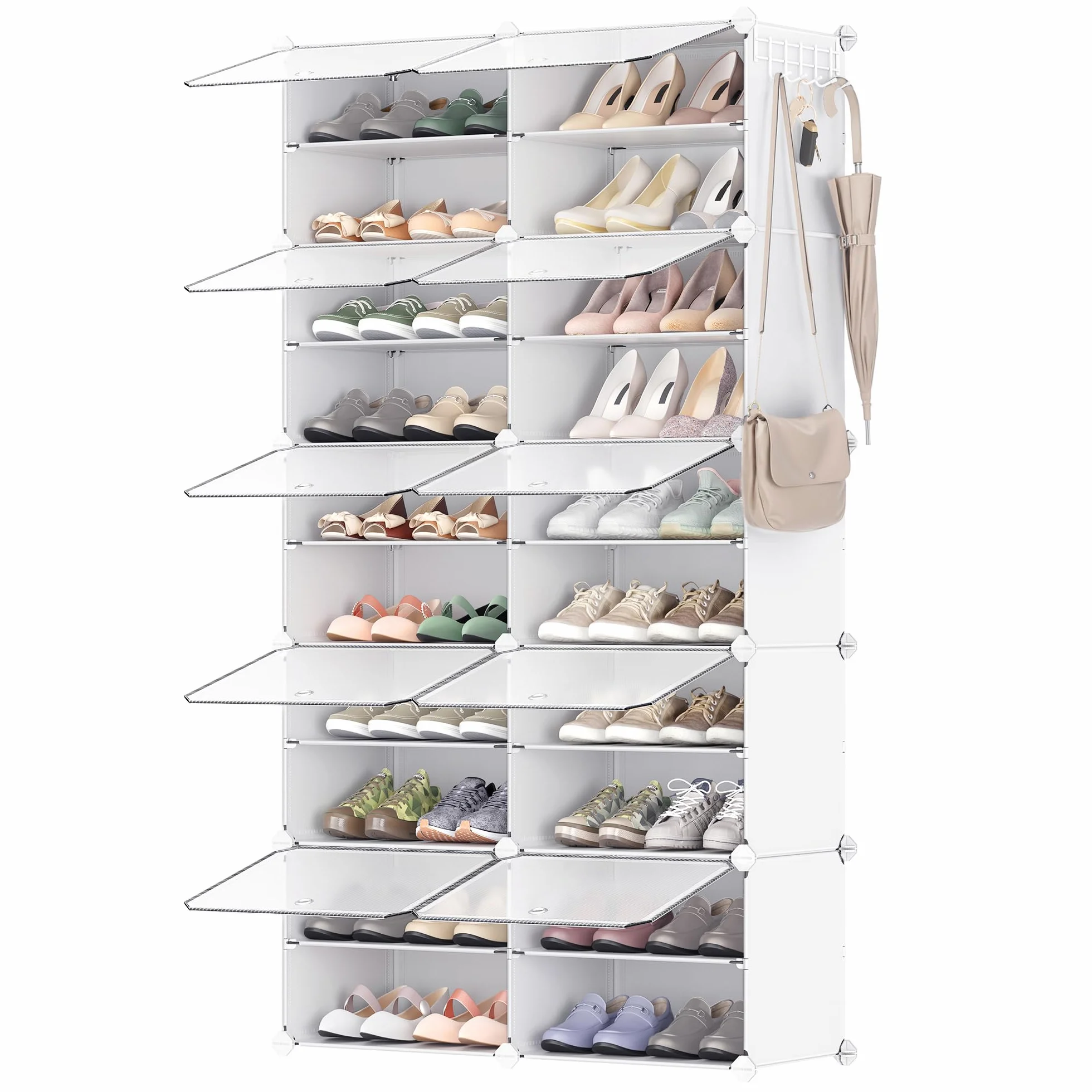 SONGMICS Scarpiera Modulare 10 Scomparti 40 Paia Scarpe con Sportelli Telaio Acciaio Bianco Trasparente LPC035W01