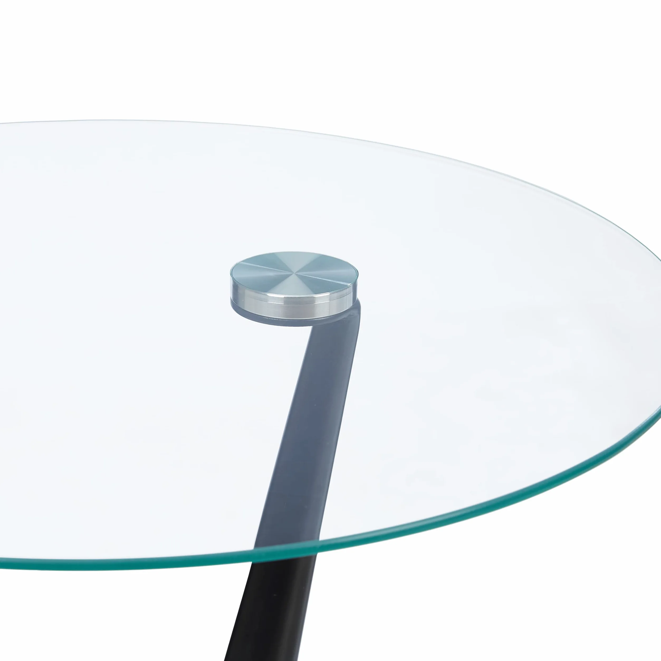 Relaxdays Tavolino da Salotto, Rotondo, Base in Acciaio, Ripiano in Vetro, HD 49x45 cm, Design Moderno, Nero/Trasparente