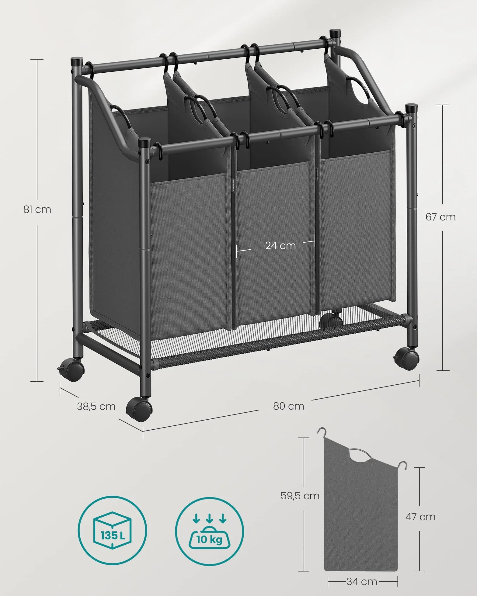 SONGMICS Carrello Portabiancheria, Cesto Porta Biancheria con 3 Sacchi Rimovibili, Carrello per Lavanderia, Camera da Letto, Bagno, 3 x 45 L, Grigio Ardesia RLS102G01
