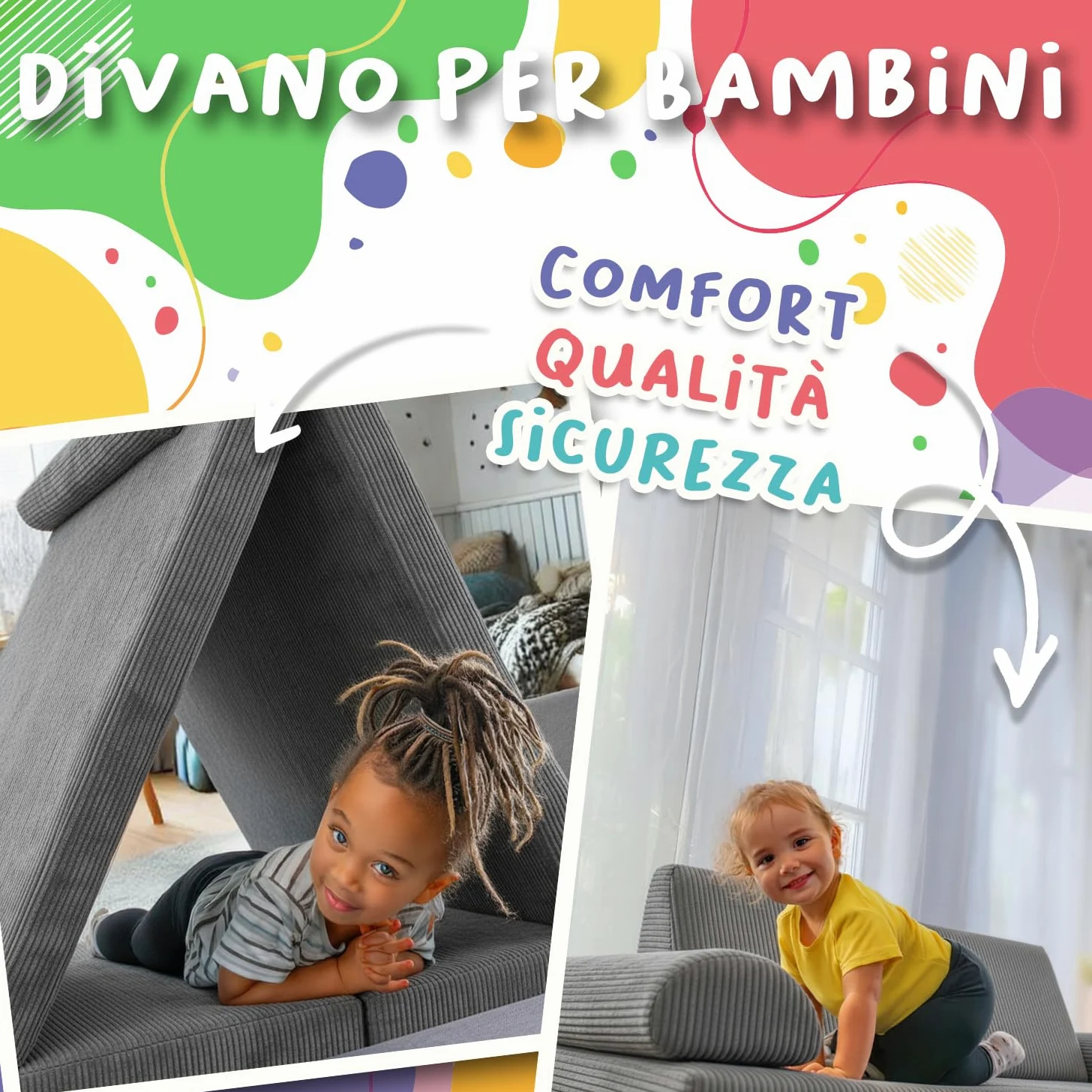 POKAR Divano Modulare per Bambini in Velluto Corduroy | Divano Bambini Trasformabile in Schiuma | Divano da Gioco per Cameretta Bambini | Certificato Oeko-TEX 100 | Laguna Azzurra