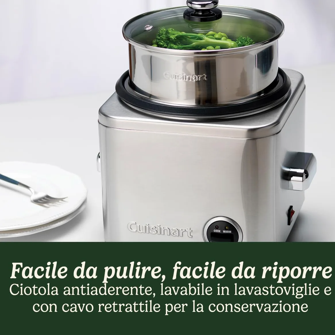 Cuisinart Cuociriso Multifunzone | Cuoce a vapore e mantiene al caldo | Cavo retrattile | Recipiente Antiaderente e Cestino in Acciaio Inox senza BPA | Fino a 400g di riso, 6 Porzioni