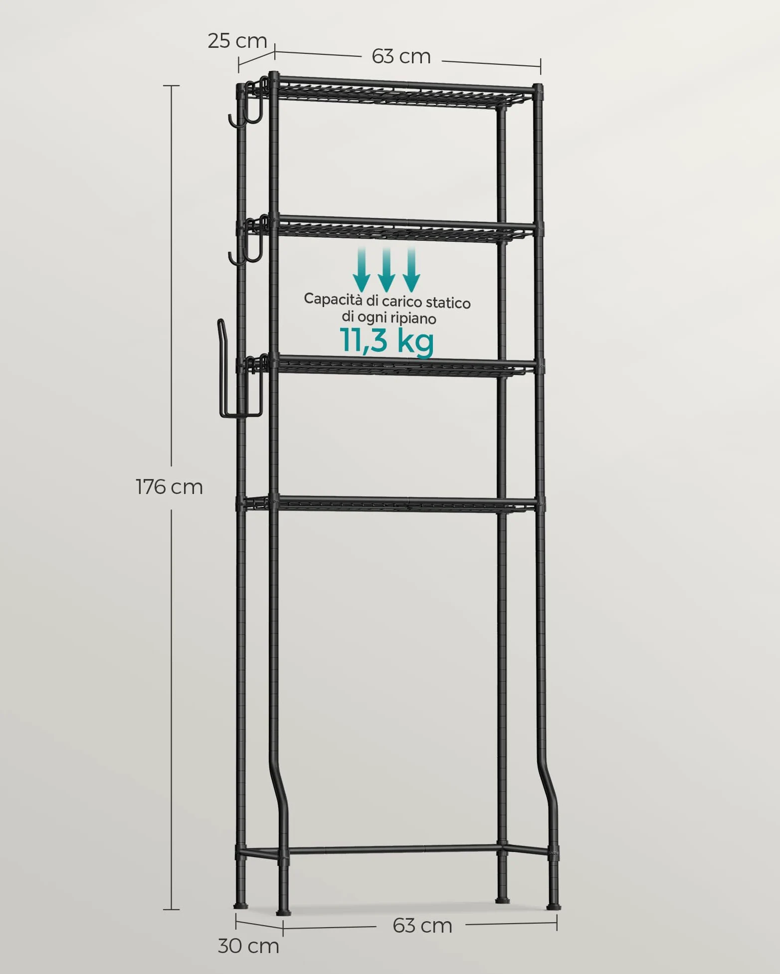 SONGMICS Scaffale sopra WC a 4 Ripiani, Scaffale da Bagno in Metallo, Ripiani Regolabili, con 4 Ganci e Portarotolo, Salvaspazio, 30 x 63 x 176 cm, Nero BTS013B01