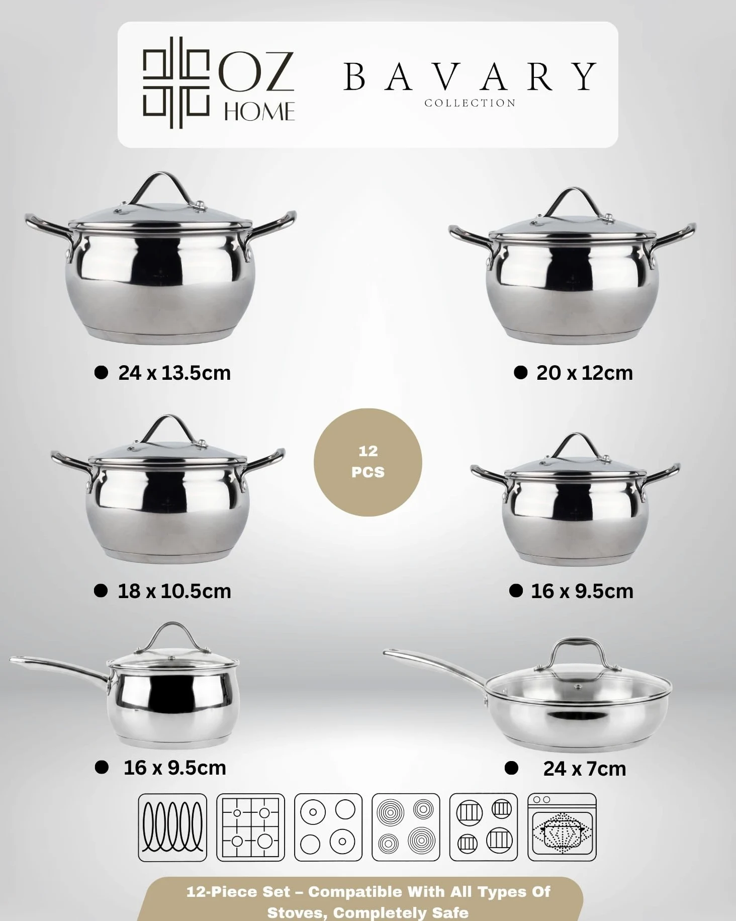 BAVARY - Set di 12 padelle e padelle in acciaio inox 18/10, pentole e padelle, per tutti i piani cottura, casseruola grande, set di pentole Supercapsule in acciaio inox, padella con coperchio, pentole