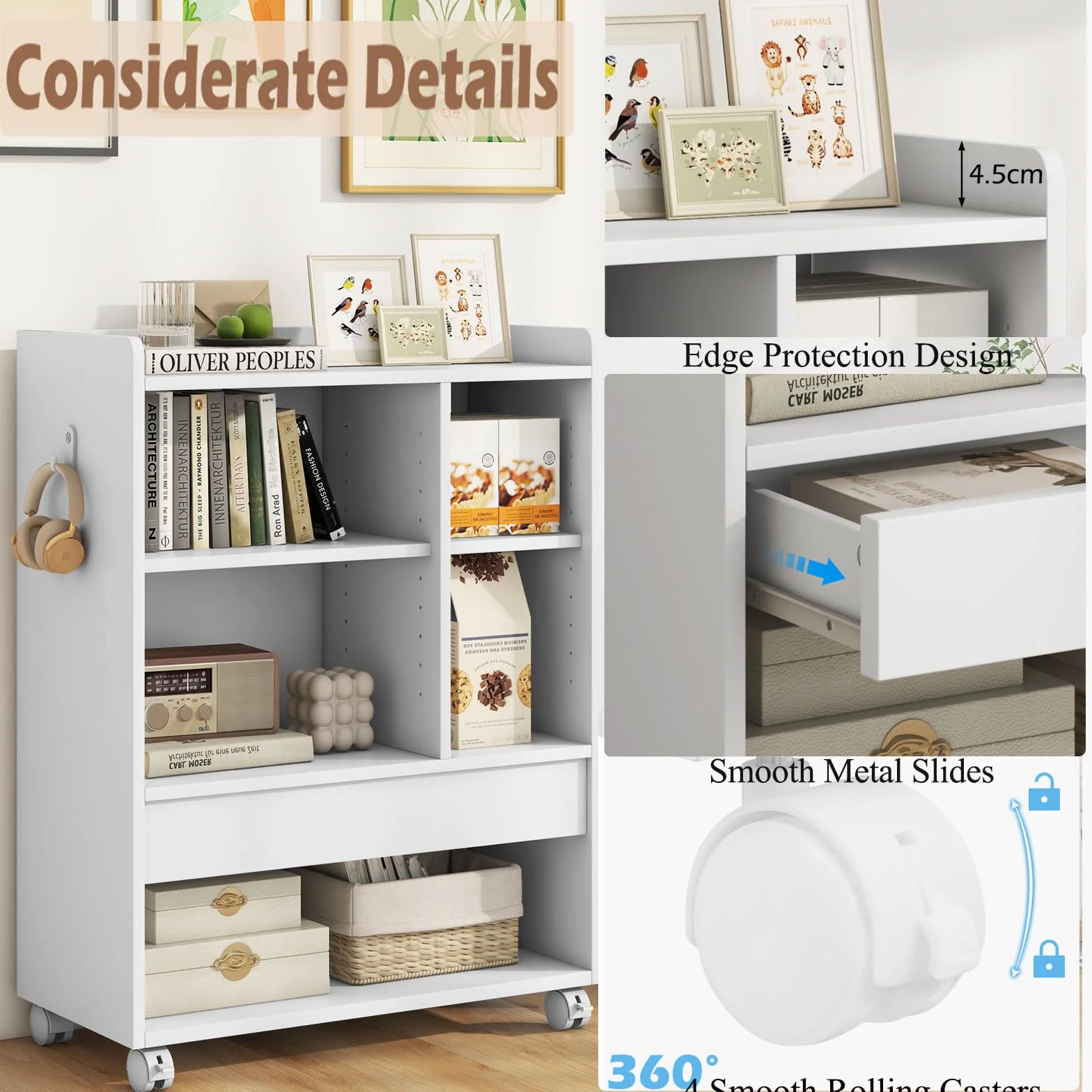 KOMFOTTEU Mobile Porta Stampante con Cassetto, Ganci, Protezione Bordo, Ripiani Regolabili, e Ruote Bloccabili, Schedario da Ufficio in Legno， Mobiletto da Archivio, 63,5 x 30 x 84,5 cm (Bianco)