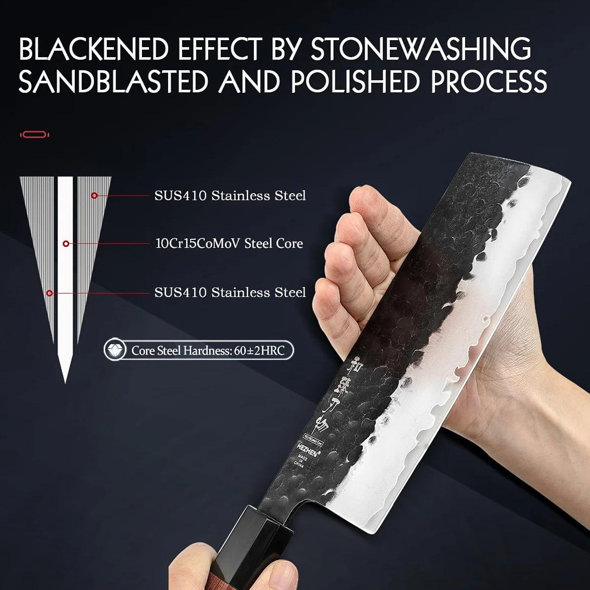 HEZHEN Coltello Nakiri Giapponese Multiuso per Affettare Carne e Verdure, Manico Ergonomico Ottagonale in Legno di Sequoia