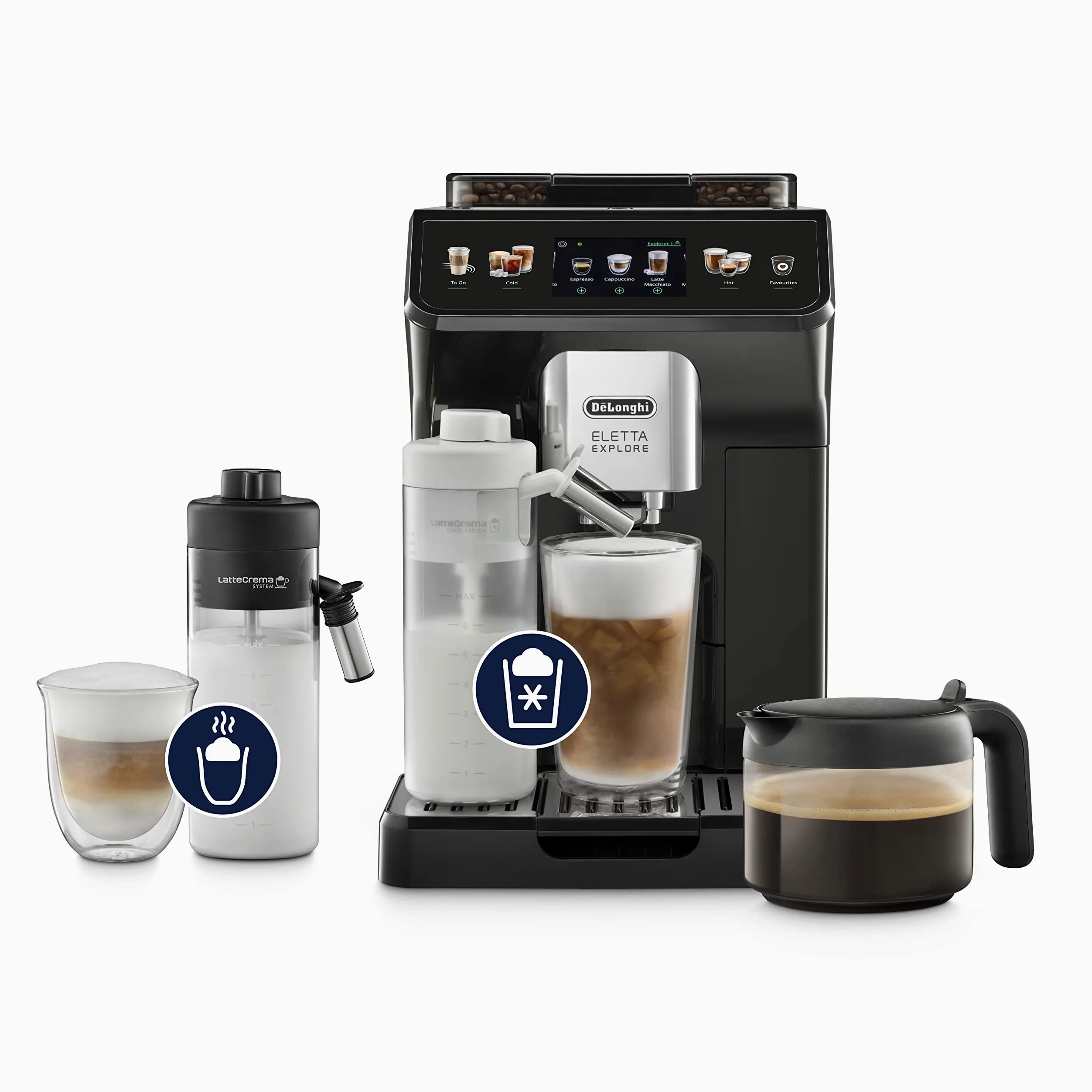 De’Longhi Eletta Explore – Perfetto Macchina da Caffè Automatica, LatteCrema Montalatte Automatico, 50 Bevande in un Solo Tocco, Display Touch a Colori, Grigio Scuro (ECAM452.57.G)