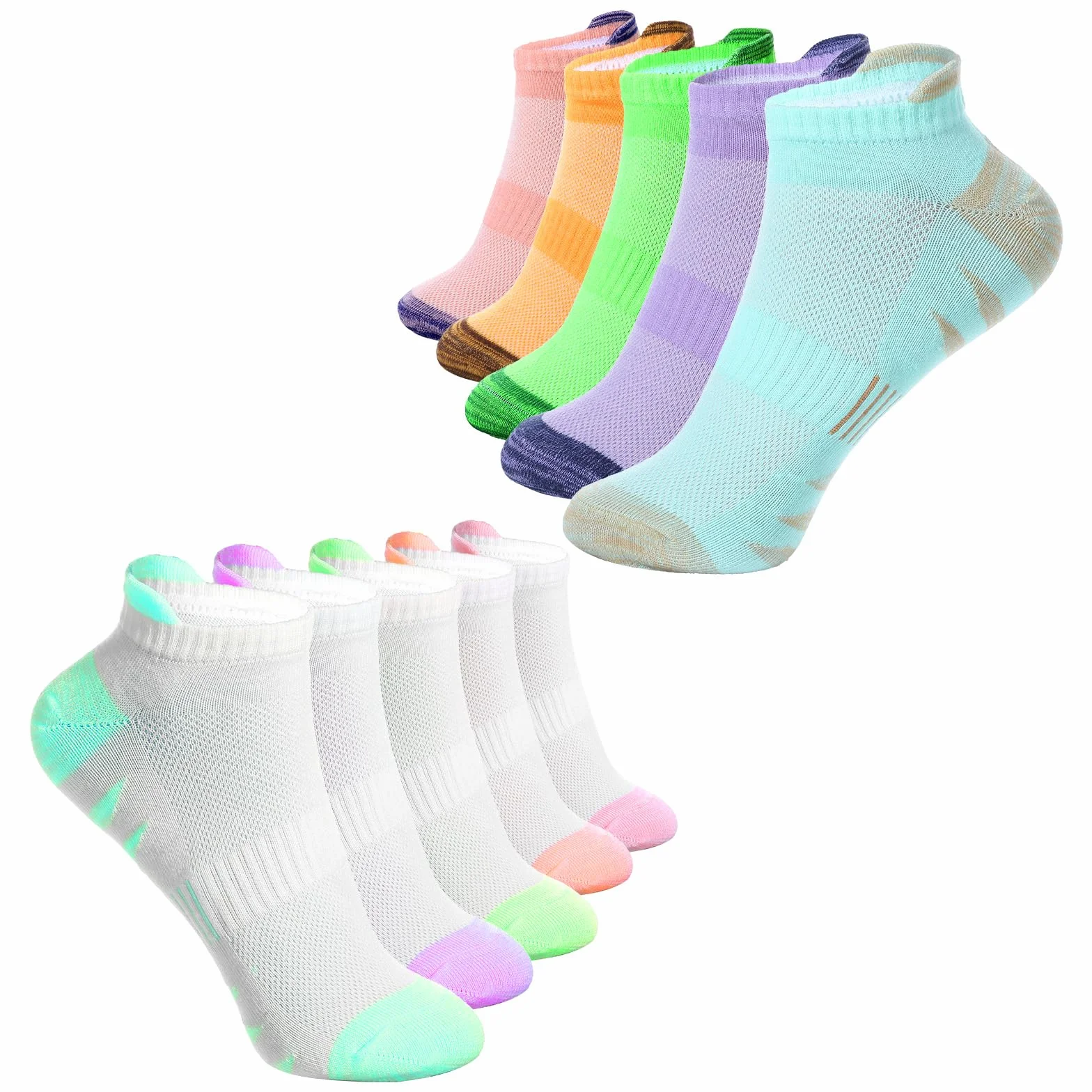 10 paia di calzini da ginnastica per bambini, traspiranti, 32-36, in cotone, da corsa, colorati, da tennis, da trekking, per ragazze, calzini corti invisibili, per bambini (7-10)