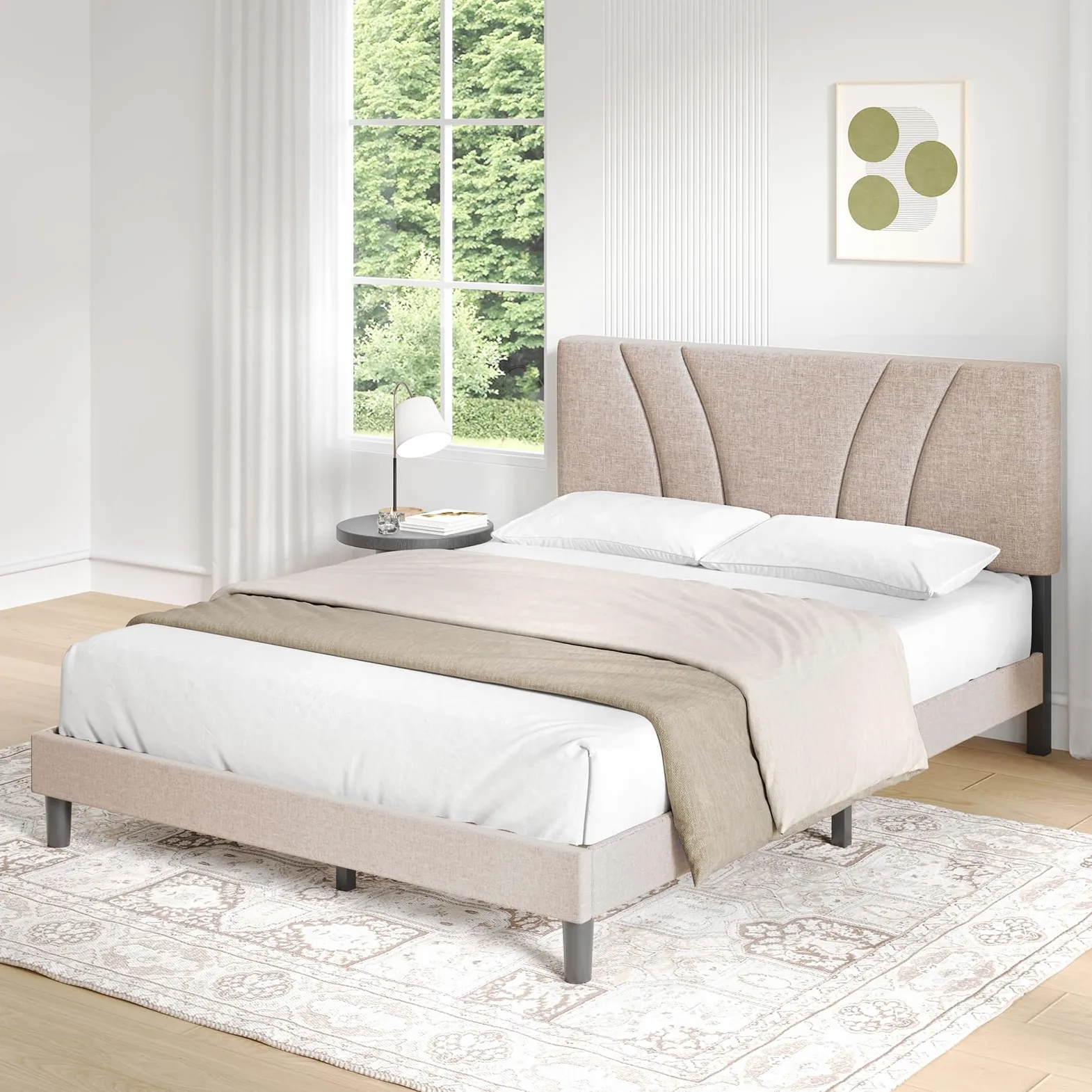 Novilla Telaio del Letto Matrimoniale 180x200 Rete Letto a Piattaforma Imbottito con Testiera Imbottita e Schienale, Supporto per Doghe in Legno, Facile da Montare, Beige