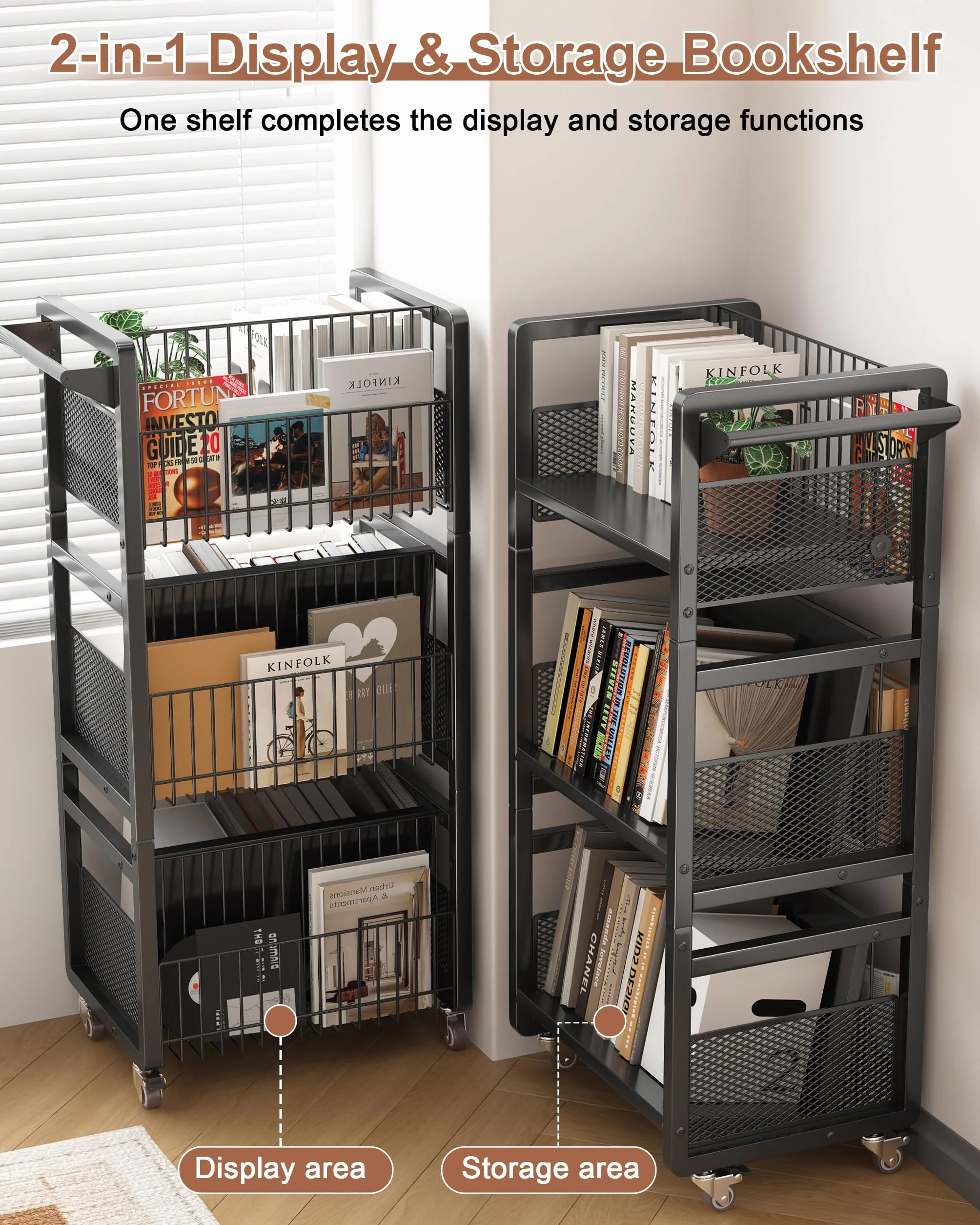 Carrello per Libri con Ruote,Carrello Da Biblioteca con Portata 70kg con Maniglia,Ripiani Piatti a Forma Di L su Un Lato,per Casa,Scuola,con 3 Supporti Magnetici per Libri - Nero