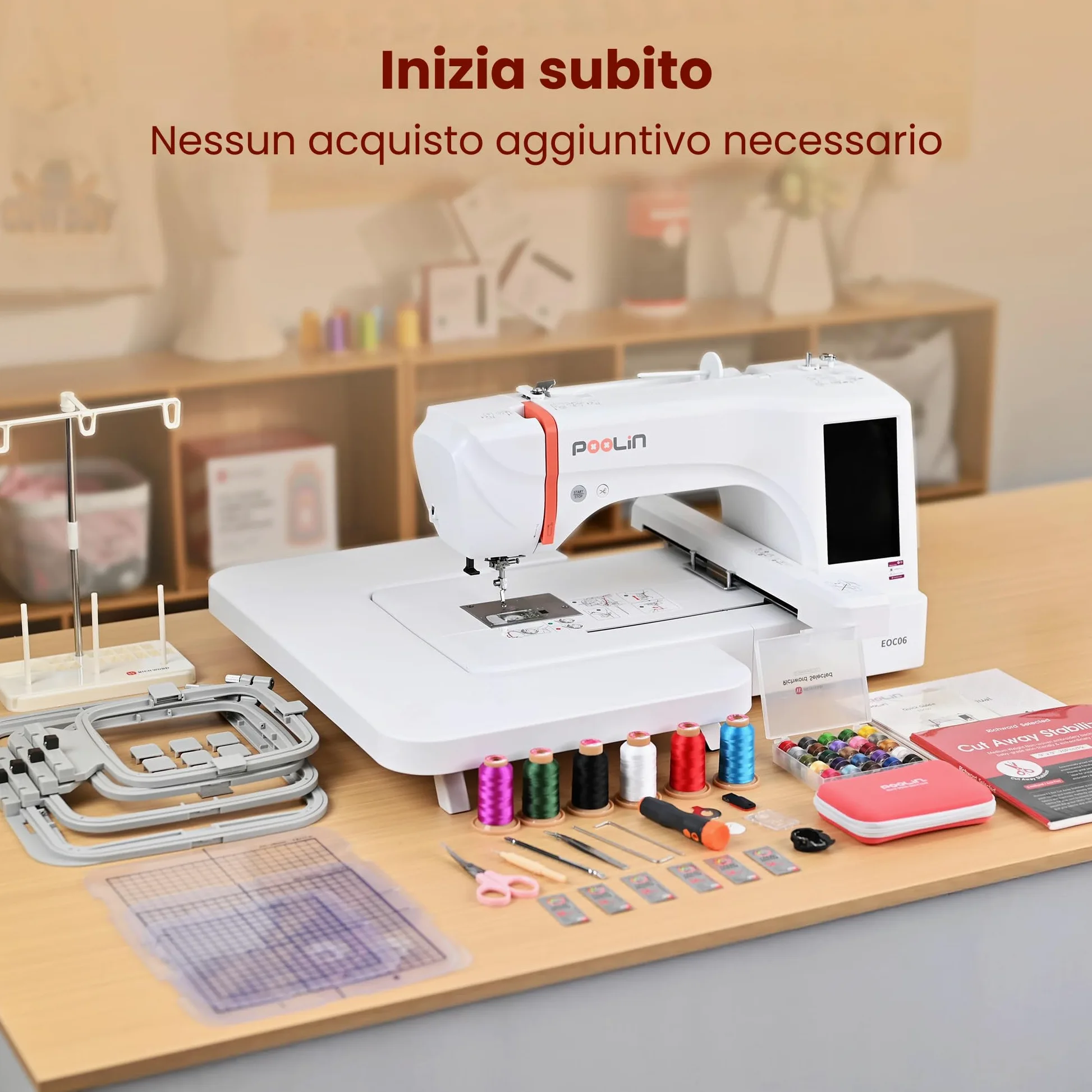 PooLin EOC06 - Macchina da ricamo, touch screen, ricamatrice digitale, lettere e motivi - Embroidery Machine - Personalizza magliette, polo, giacche, camicie, borse, asciugamani e altro ancora